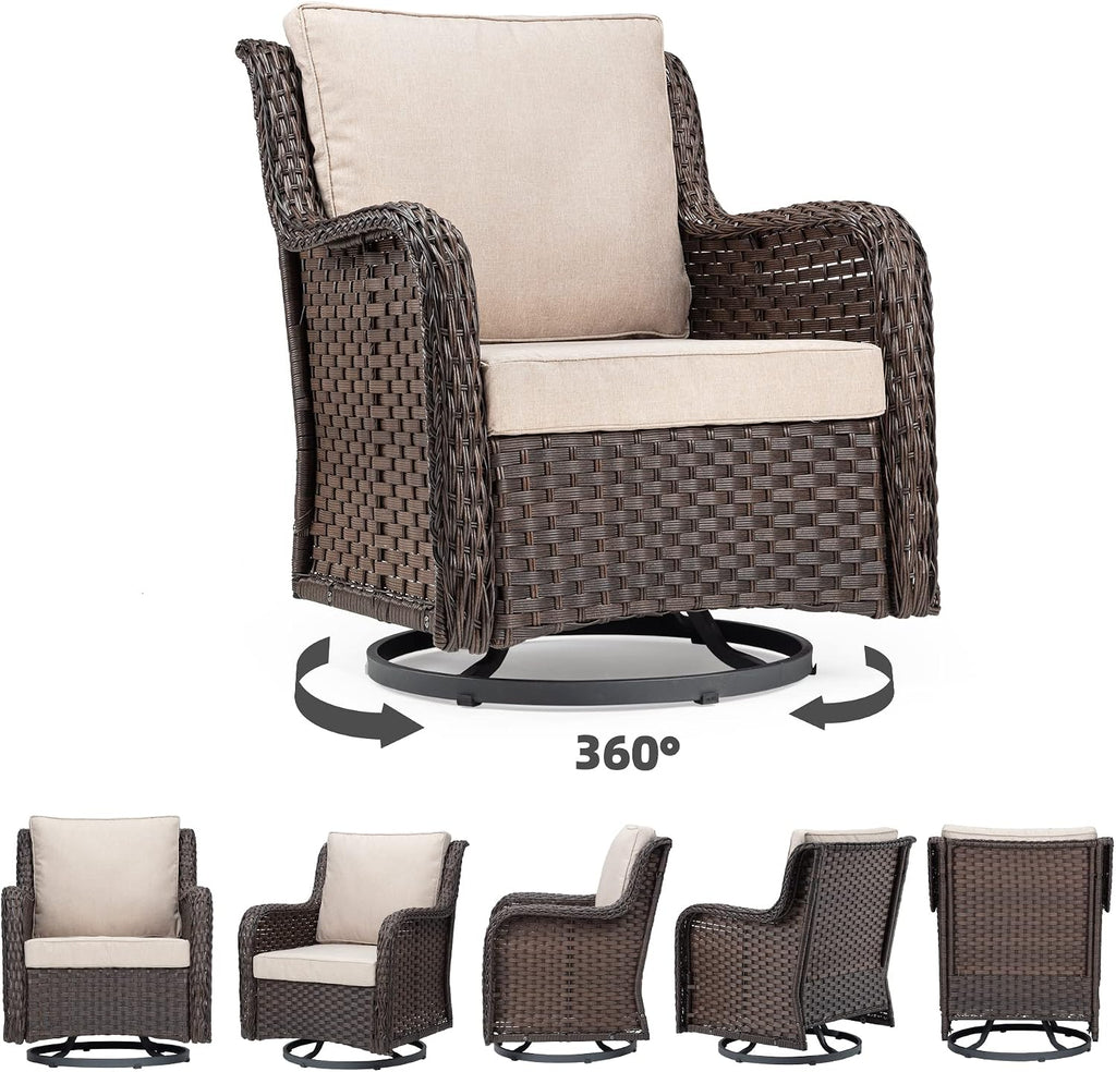GarveeLife 3 Pieces Outdoor Swivel Chair Set, Upgraded Encrypted Rattan Wicker Swivel Rocker Patio Chairs, Thick Cushion and Side Table for Balcony, Porch, Backyard, Garden, Beige