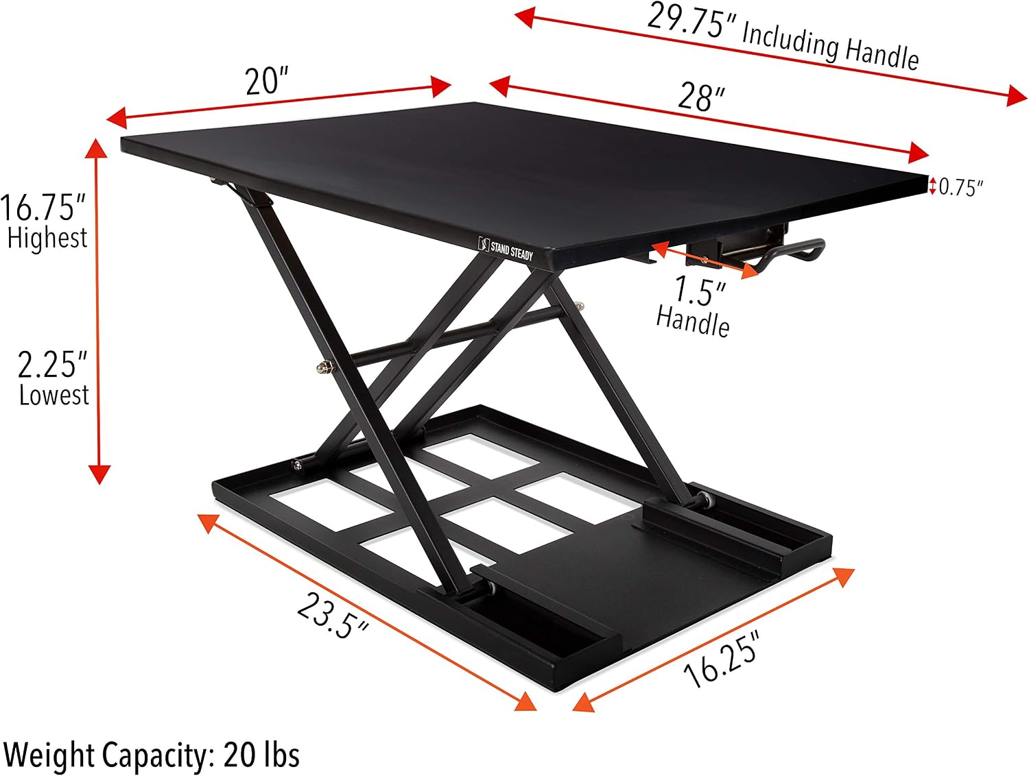 Stand Steady X-Elite Pro, Ergonomic Adjustable Height Standing Desk Converter for Home or Office, Easy Lift Sit to Stand Laptop Desk Riser for Laptop and Computer Monitor (Black, 28in x 20in)