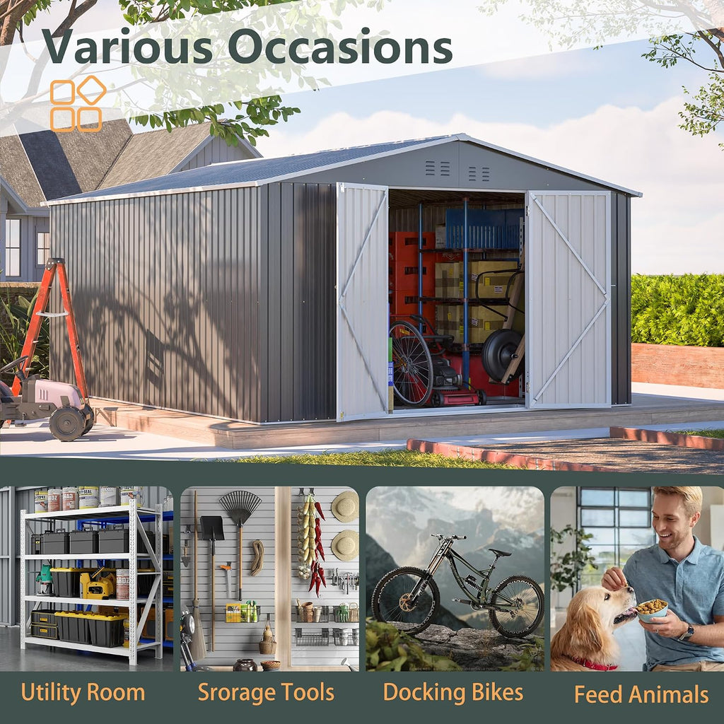 11x13FT Outdoor Storage Sheds with Floor Frame& Lockable Doors Garden Metal Shed Waterproof Galvanized Steel Tool Shed with Air Vents Sloping Roof Ideal for Backyard Patio Lawn Gray