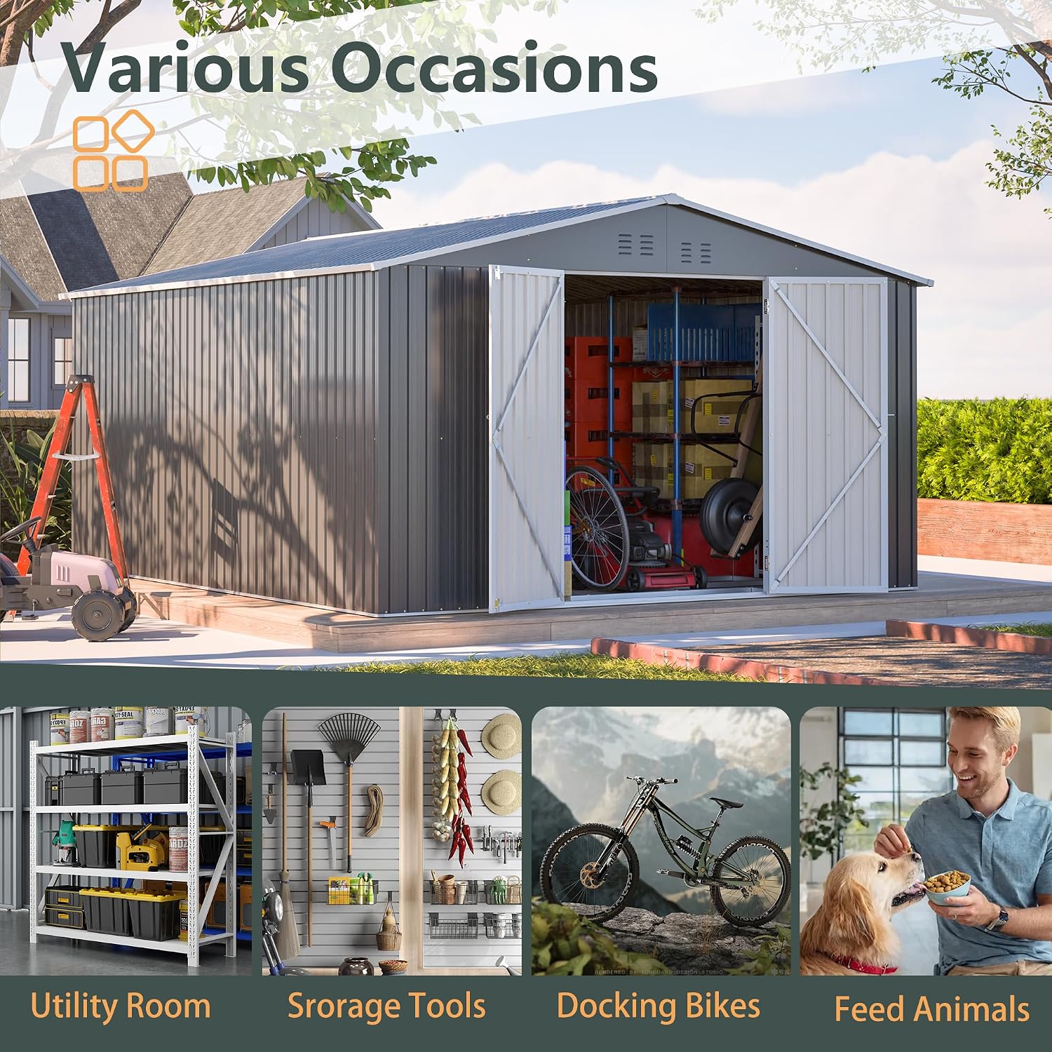 11x13FT Outdoor Storage Sheds with Floor Frame& Lockable Doors Garden Metal Shed Waterproof Galvanized Steel Tool Shed with Air Vents Sloping Roof Ideal for Backyard Patio Lawn Gray