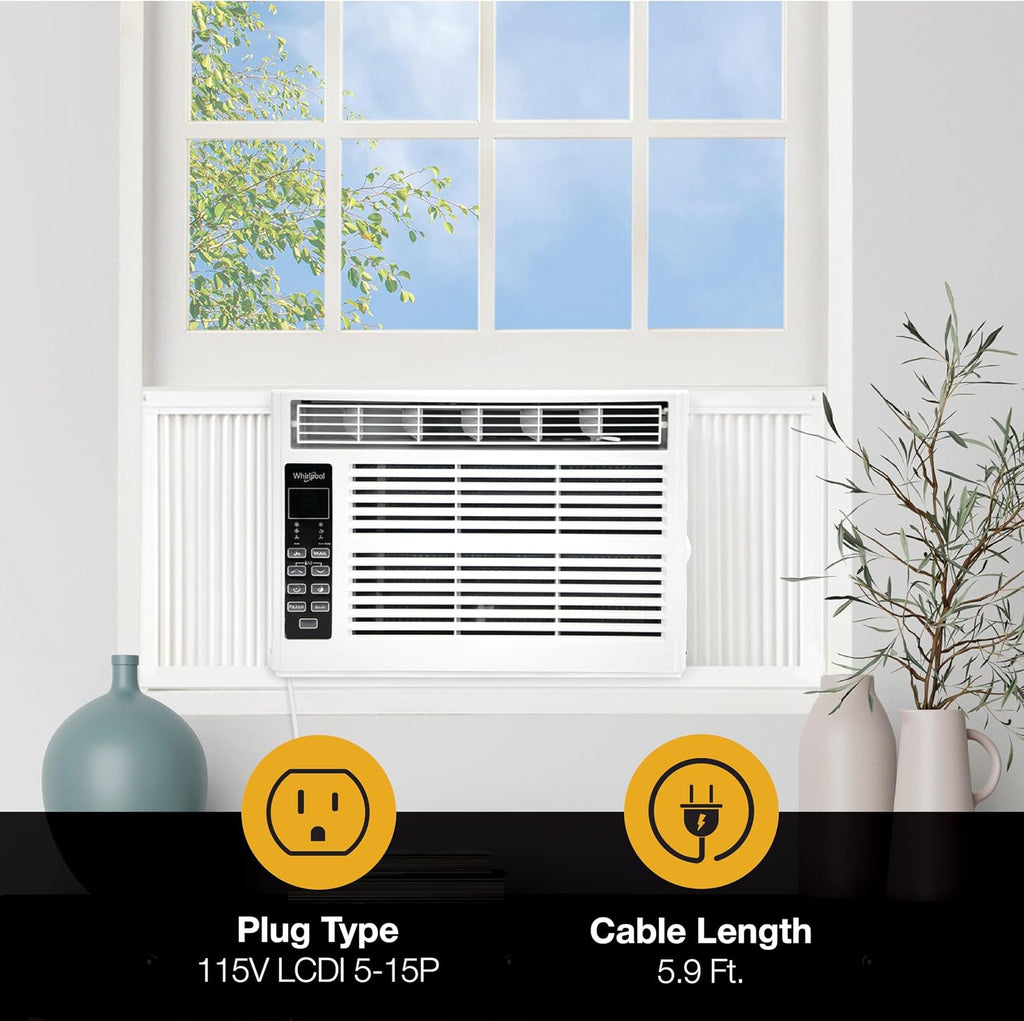 Whirlpool 6,000 BTU Window Air Conditioner with Dehumidifier, 115V, Window AC for Rooms up to 250 Sq. Ft., Living Room, Bedroom, or Kitchen, with Remote Control, Digital Display, and 24H-Timer, White