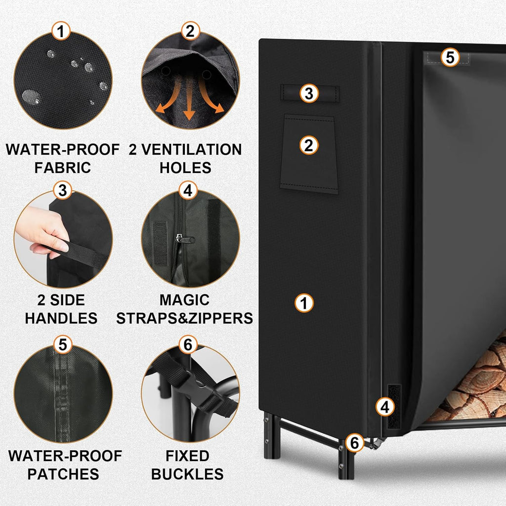 Gtongoko 8FT Firewood Rack Outdoor with Cover, Heavy Duty Wood Storage Racks with 600D Oxford Weather Resistant Waterproof Fabric Cover, Outdoor Firewood Holder