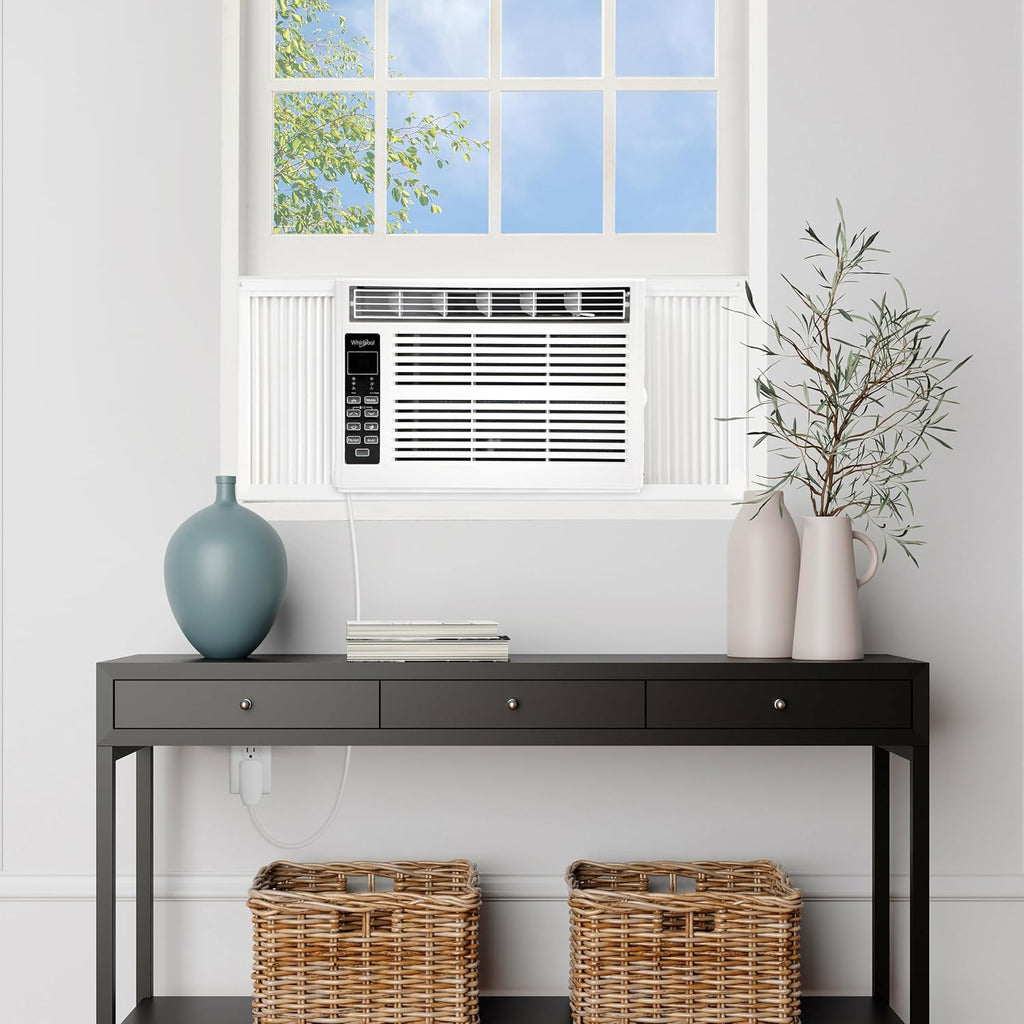 Whirlpool 6,000 BTU Window Air Conditioner with Dehumidifier, 115V, Window AC for Rooms up to 250 Sq. Ft., Living Room, Bedroom, or Kitchen, with Remote Control, Digital Display, and 24H-Timer, White