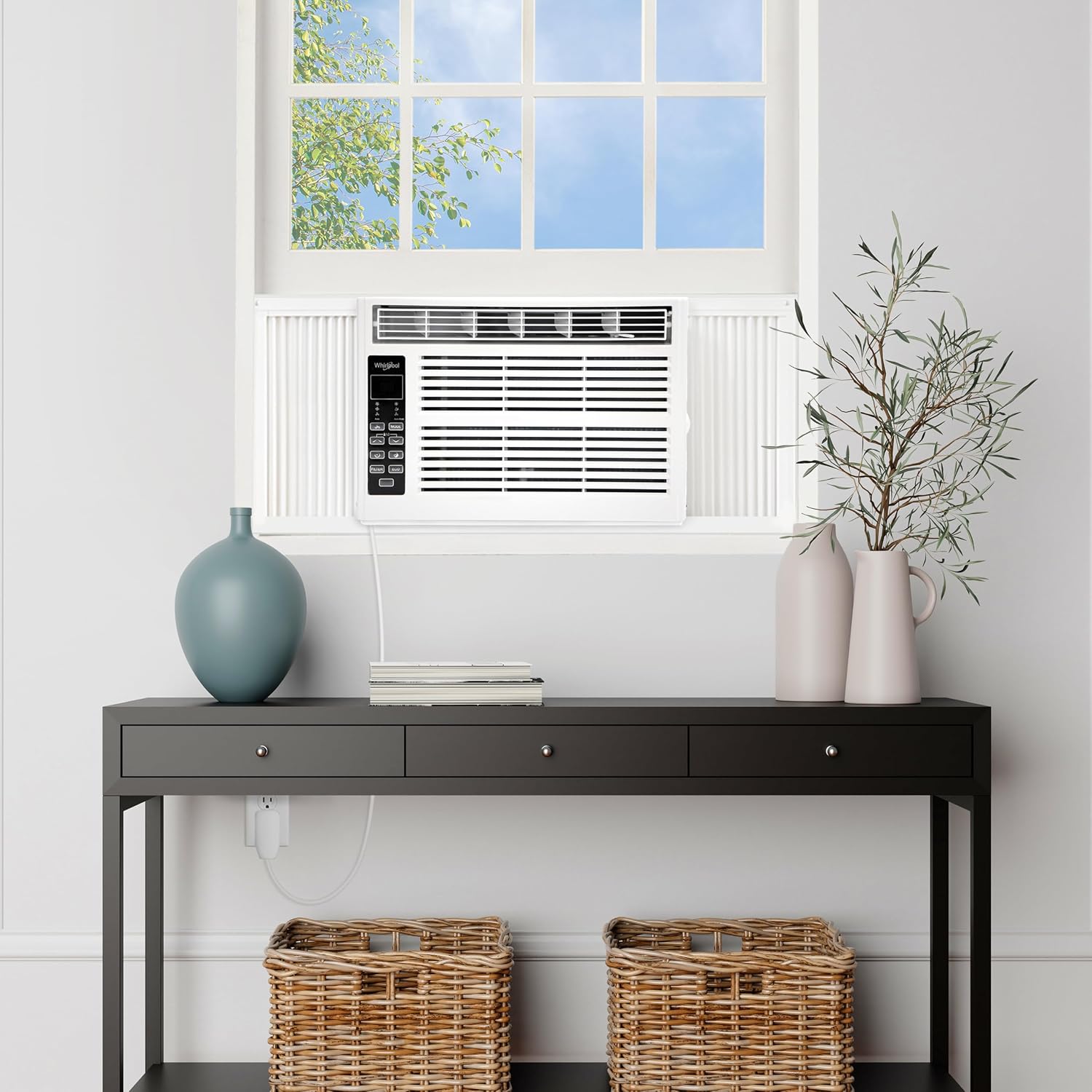 Whirlpool 6,000 BTU Window Air Conditioner with Dehumidifier, 115V, Window AC for Rooms up to 250 Sq. Ft., Living Room, Bedroom, or Kitchen, with Remote Control, Digital Display, and 24H-Timer, White
