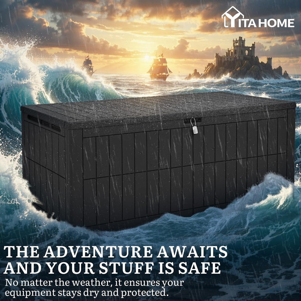 YITAHOME 200 Gallon Large Outdoor Storage Box XL Resin Deck Box with Lock, Waterproof Patio Furniture Bin and 3-Person Bench Seating for Garden Tools & Pool Accessories, Black