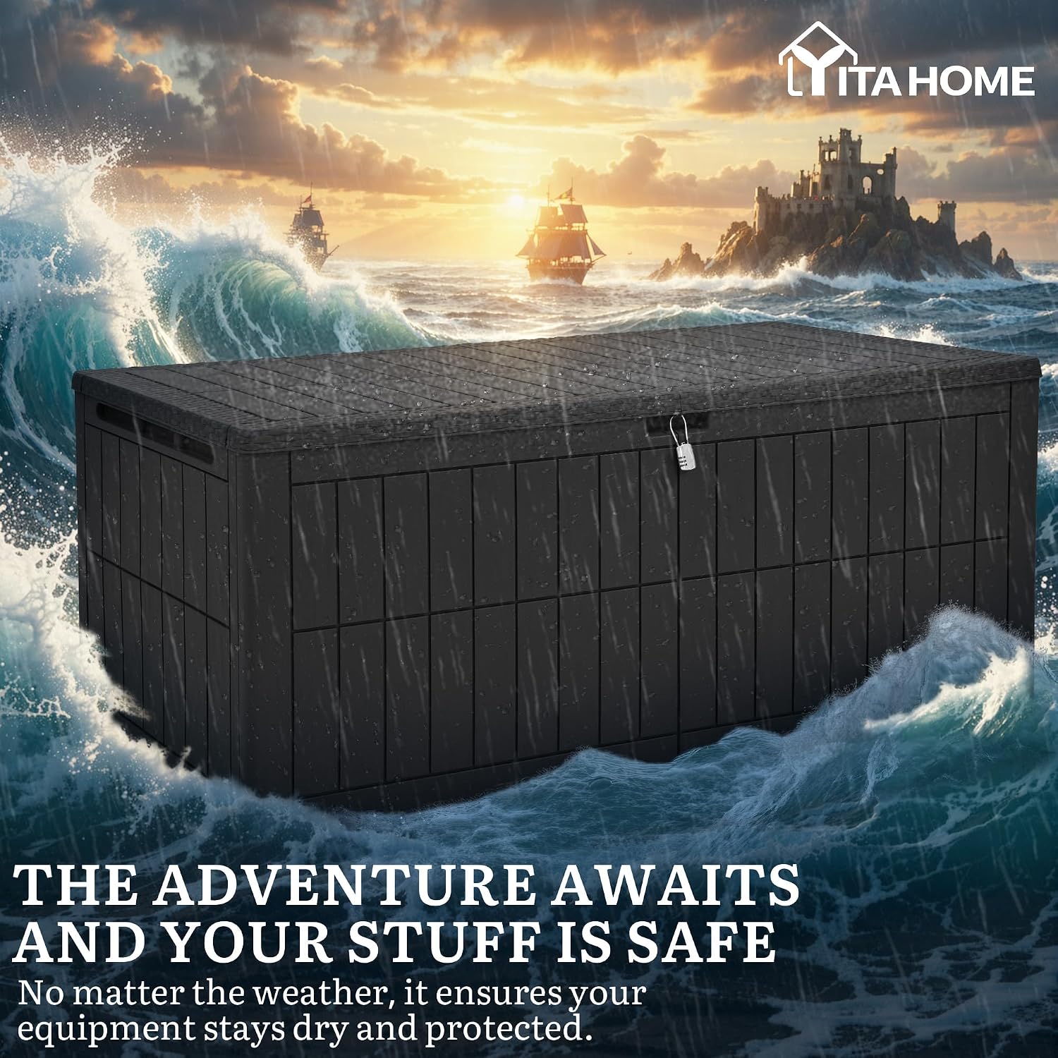 YITAHOME 200 Gallon Large Outdoor Storage Box XL Resin Deck Box with Lock, Waterproof Patio Furniture Bin and 3-Person Bench Seating for Garden Tools & Pool Accessories, Black