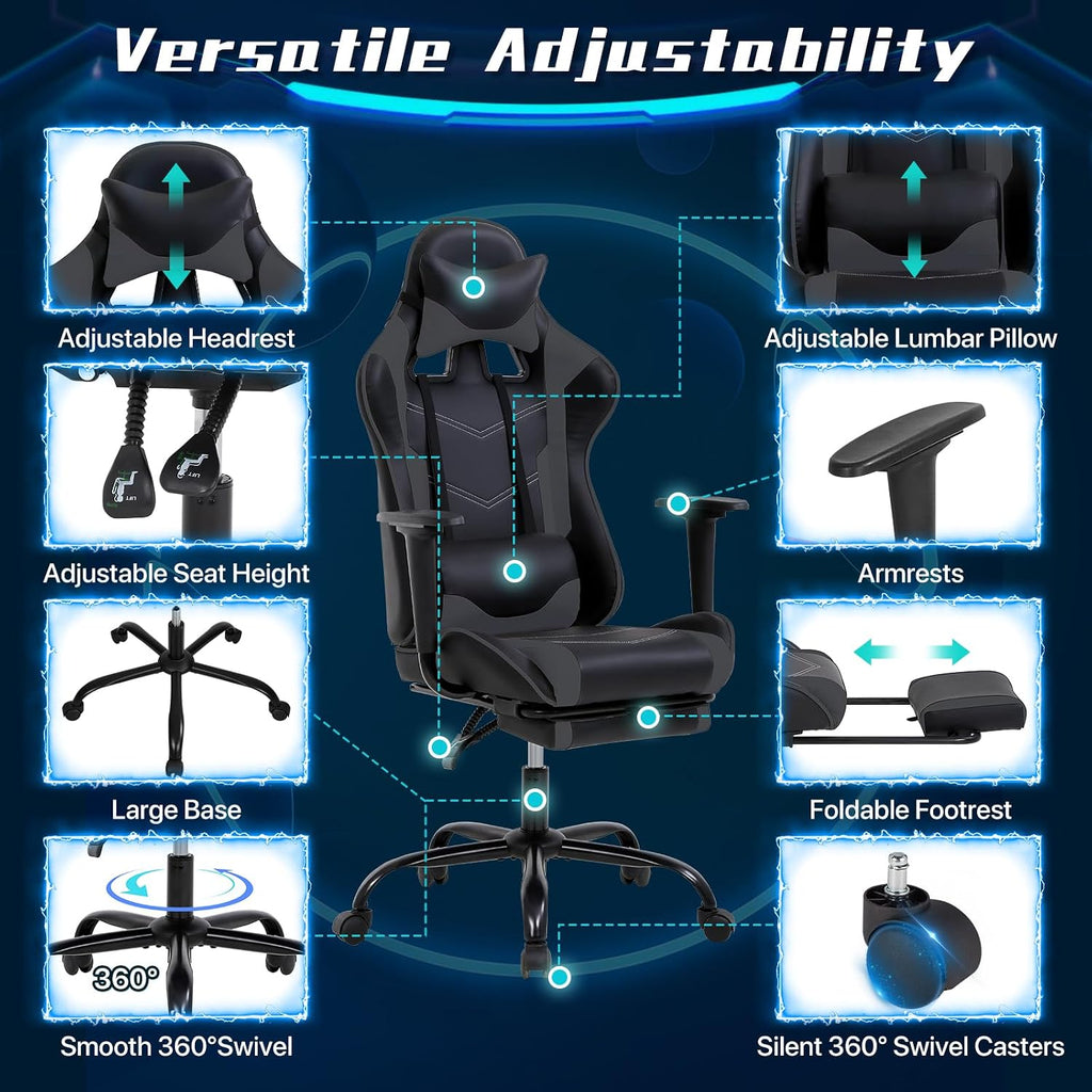 Ergonomic Gaming Chair with Footrest, High Back PU Leather Office Desk Chair for Adults Teens, Rolling Swivel Computer Chair (Grey)