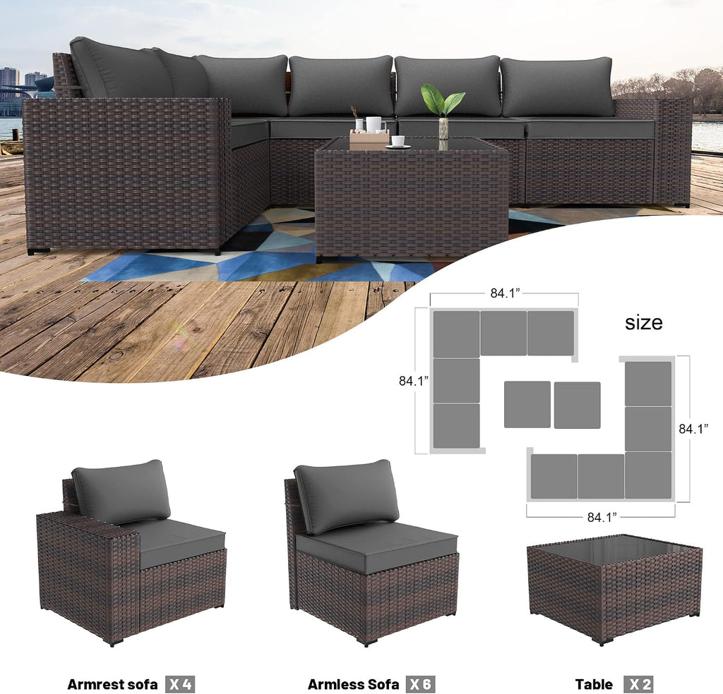 Kullavik Outdoor Patio Furniture Set,12 Pieces Sectional Rattan Sofa Set Brown PE Rattan Wicker Patio Conversation Set with 10 Seat Cushions and 2 Tempered Glass Coffee Table,Grey