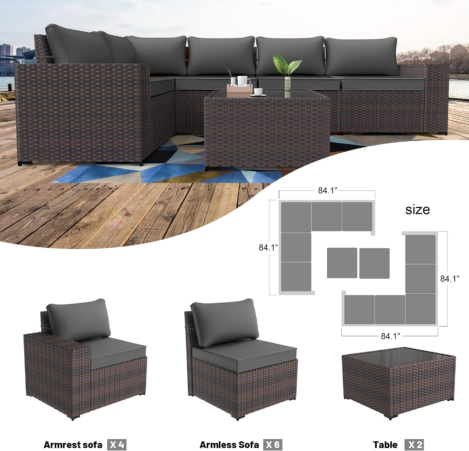 Kullavik Outdoor Patio Furniture Set,12 Pieces Sectional Rattan Sofa Set Brown PE Rattan Wicker Patio Conversation Set with 10 Seat Cushions and 2 Tempered Glass Coffee Table,Grey