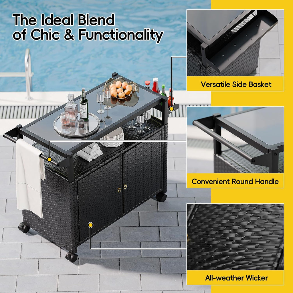 MU Outdoor Bar Cart with Storage and Wheels, Outdoor Bar Table with Tempered Glass Top & Shelf, Rolling Wicker Storage Cabinet with Rounded Handle & Side Basket for Backyard, Poolside, Garden, Black