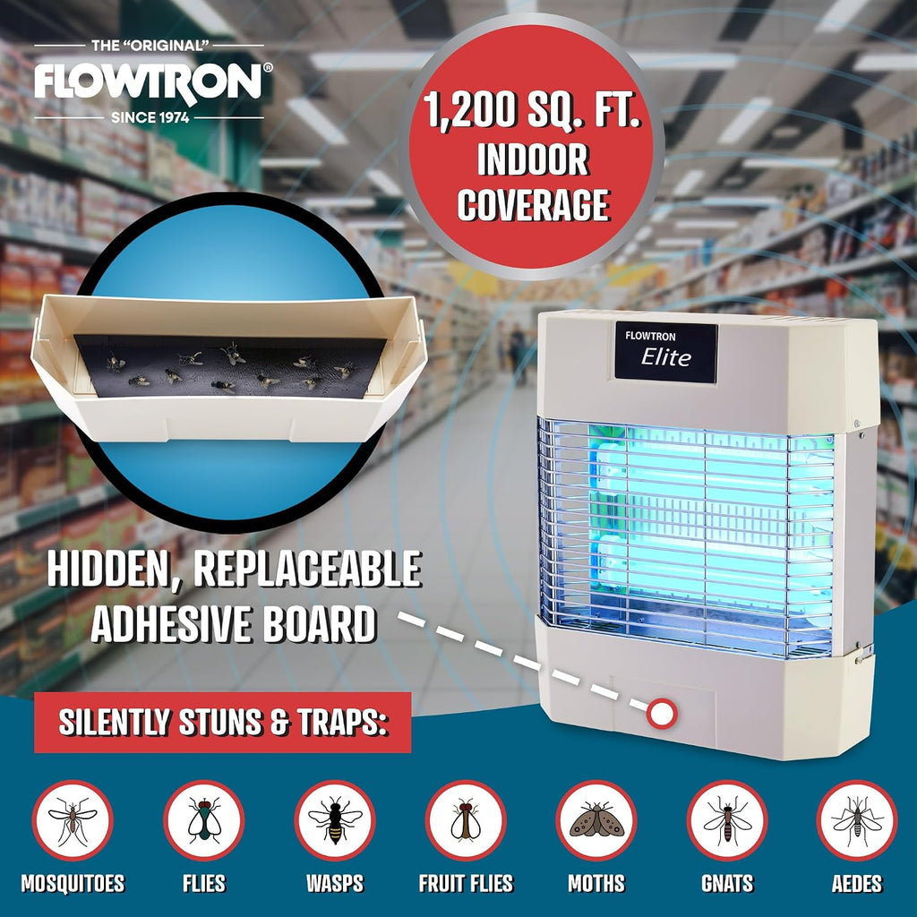 Flowtron Indoor Fly Killer | Electric Low-Voltage Bug Zapper for Gnats & Insects with 80W UV Light & Pheromone Lure, Stun Grid & Sticky Trap | 1200 Sq Ft for Kitchen, Restaurant & Barn, UL Certified