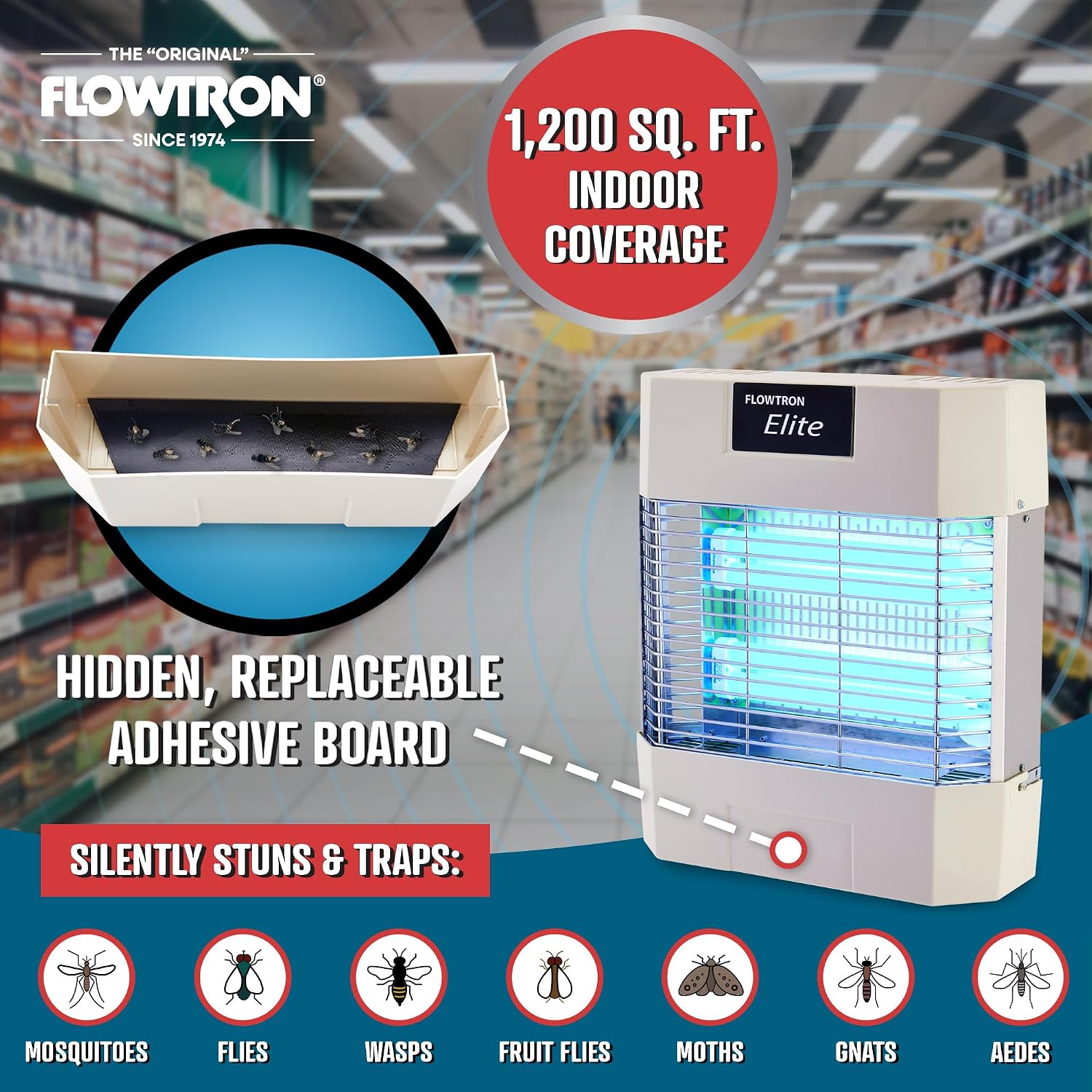 Flowtron Indoor Fly Killer | Electric Low-Voltage Bug Zapper for Gnats & Insects with 80W UV Light & Pheromone Lure, Stun Grid & Sticky Trap | 1200 Sq Ft for Kitchen, Restaurant & Barn, UL Certified