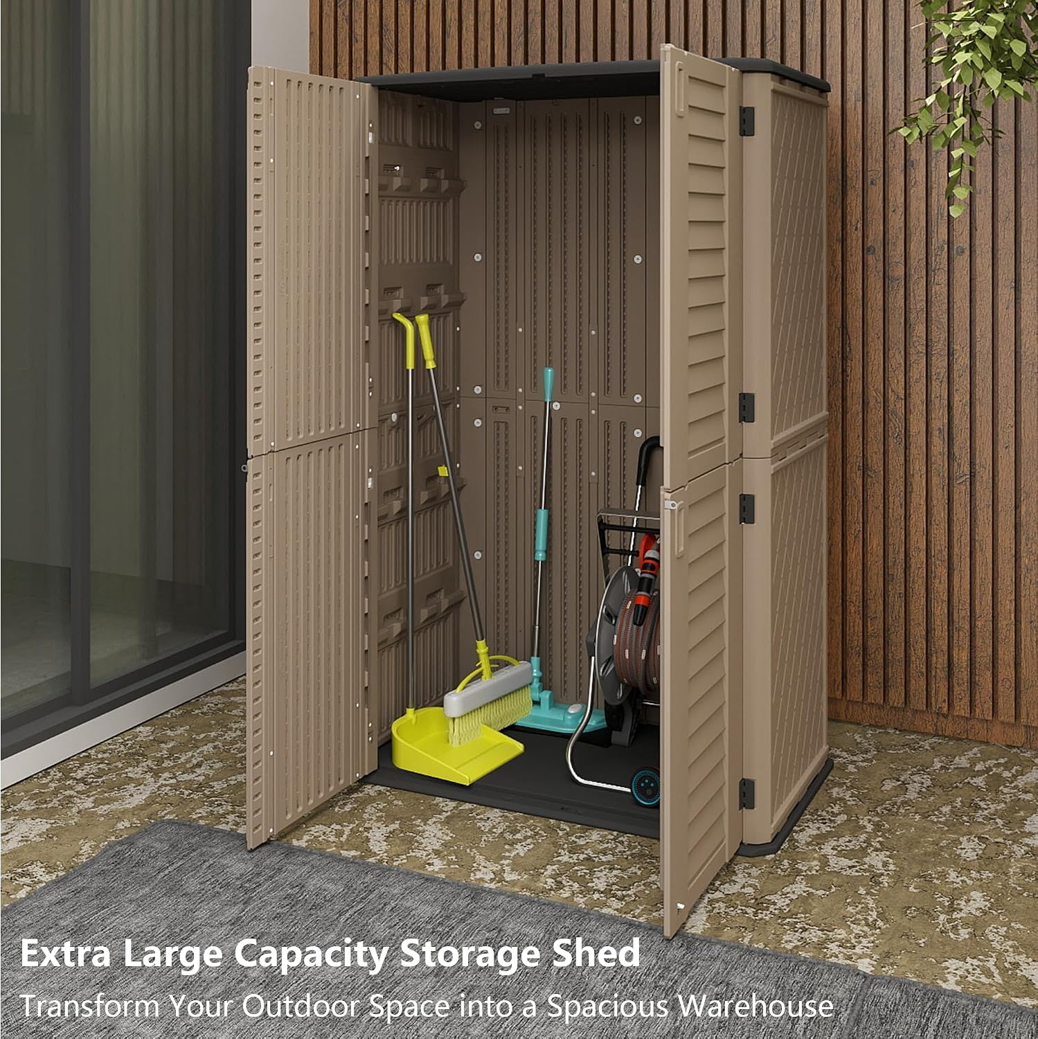 European Double-Door Outdoor Storage Shed in Brown, Sized 50x29x80 Inches - A Weatherproof Resin Cabinet for Vertical Storage Organization