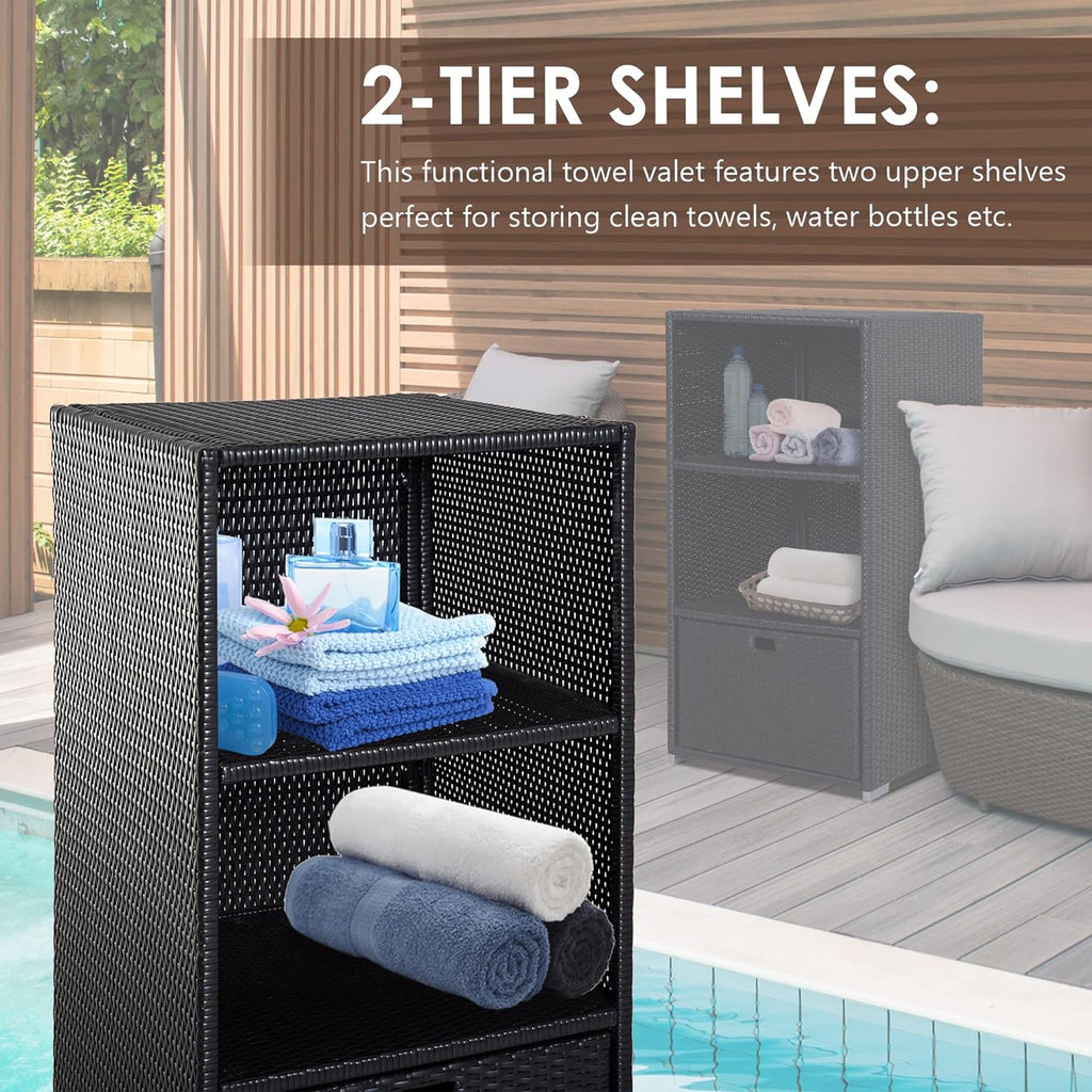 Outsunny Valet Pool Towel Rack, Waterproof PE Plastic Rattan Wicker Storage Organizer, Indoor Outdoor Spa, and Hot Tub Accessory Storage, 2 Shelves, 1 Basket Drawer, Espresso