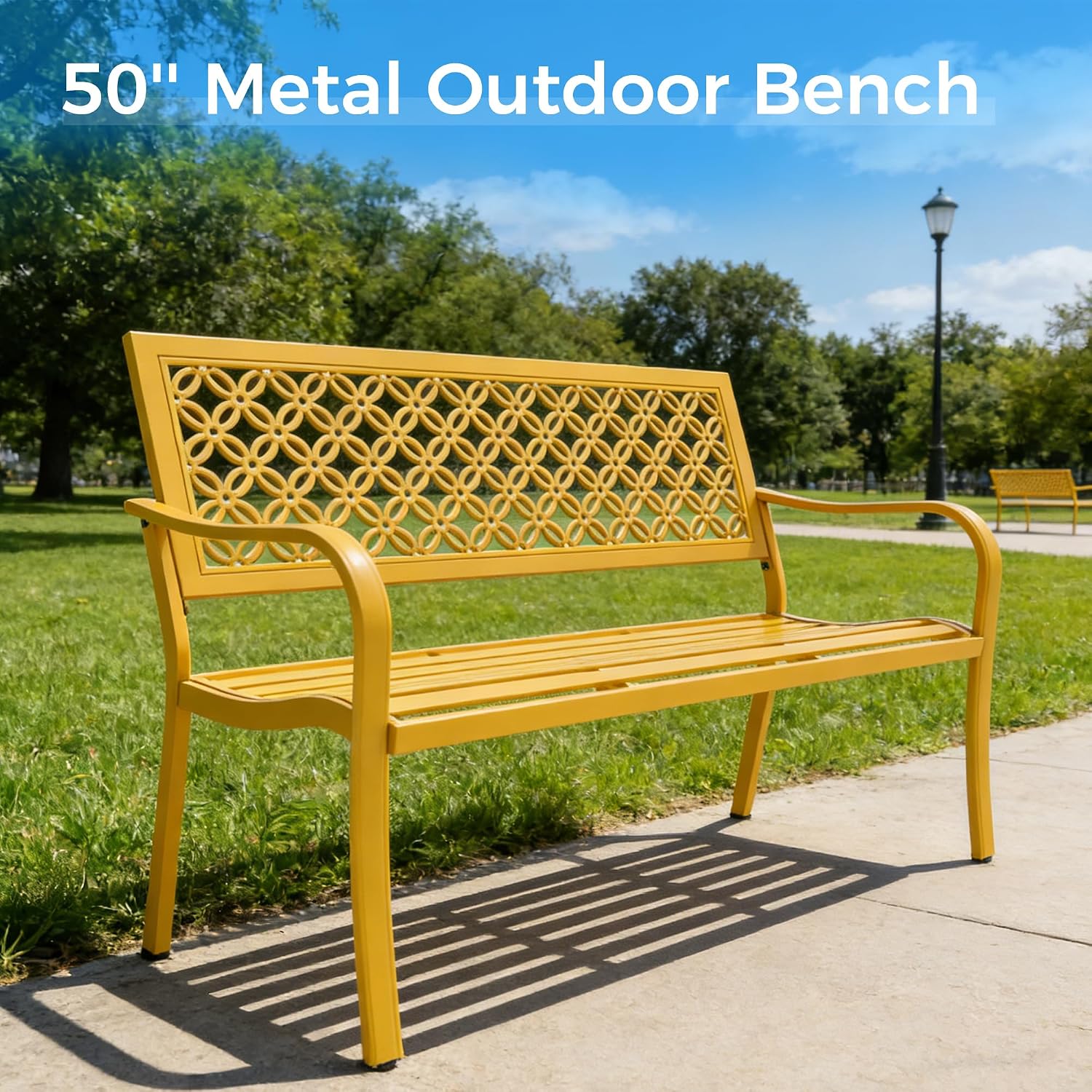 Grand patio 50' Outdoor Bench, Garden Benches with Anti-Rust Metal Powder Coated Frame, Patio Bench for Front Porch Park Outside Furniture Decor, Sunflower Yellow