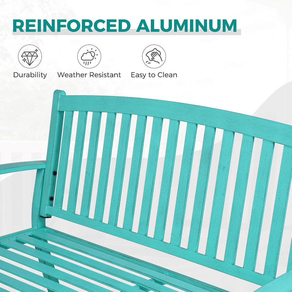 Grand patio 52' Farmhouse Outdoor Bench, Garden Benches with Anti-Rust Aluminum Powder Coated Frame, Faux Wood Grain Finish Frame Patio Bench for Front Porch, Turquoise Blue