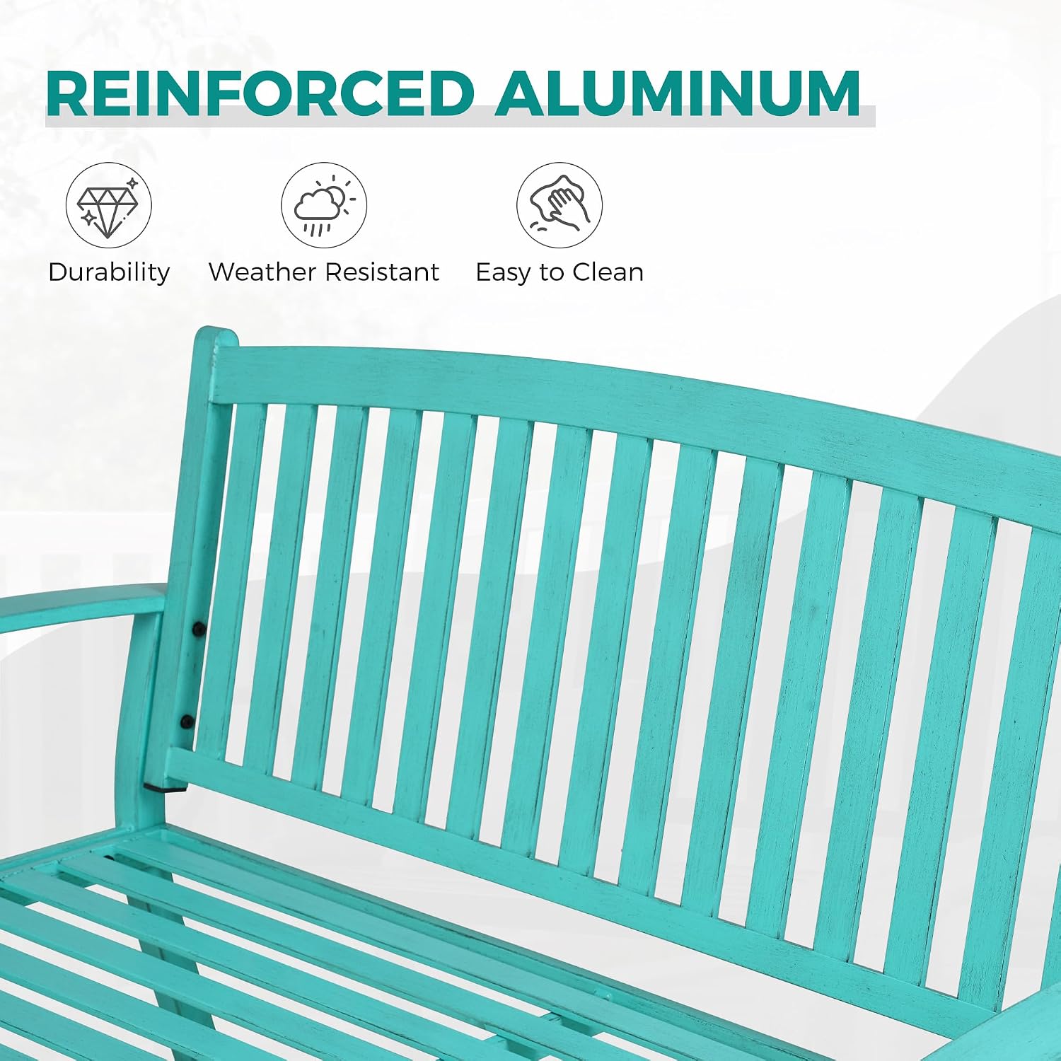 Grand patio 52' Farmhouse Outdoor Bench, Garden Benches with Anti-Rust Aluminum Powder Coated Frame, Faux Wood Grain Finish Frame Patio Bench for Front Porch, Turquoise Blue
