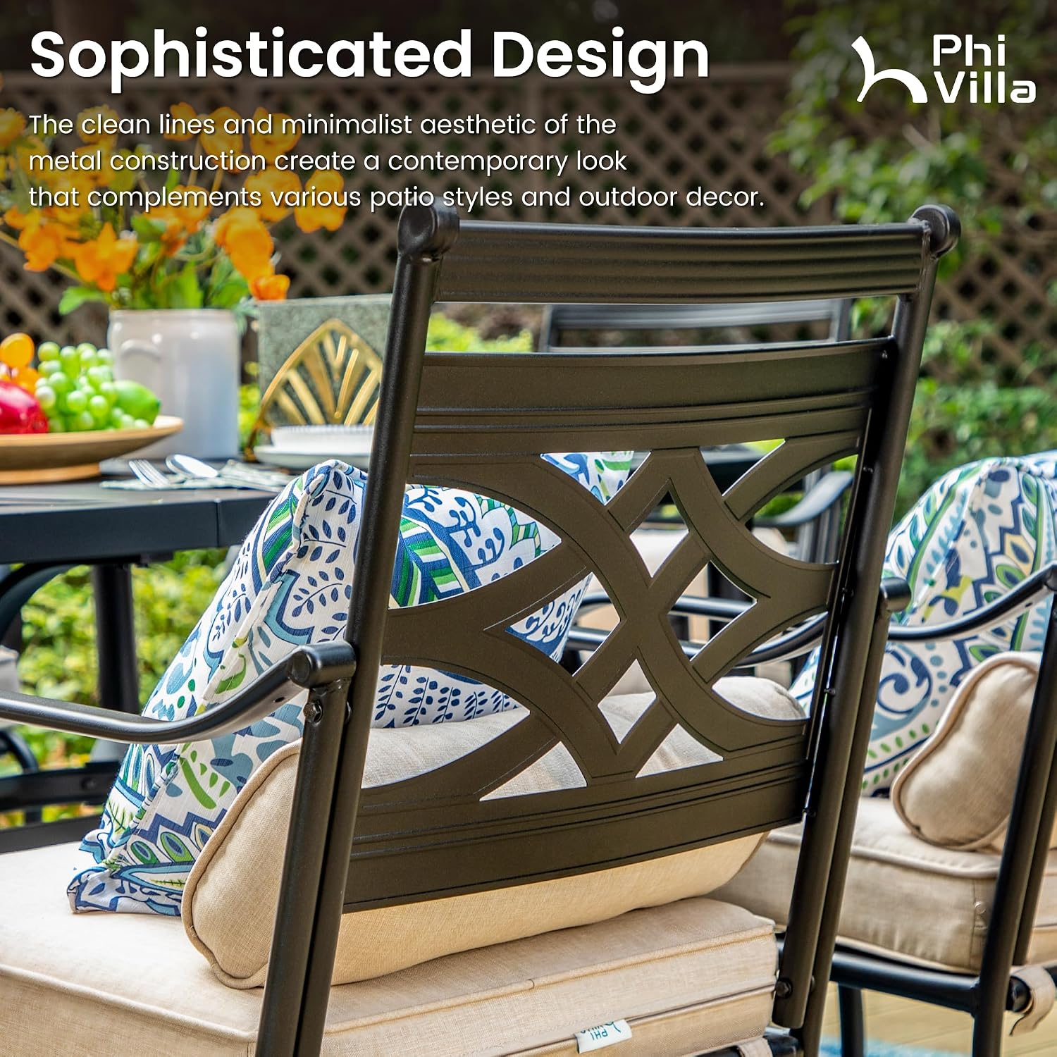 PHI VILLA 5 Pieces Outdoor Dining Set for 4, 37' Square Wood-top Metal Table & Wrought Iron Swivel Chairs, All Weather Large Outside Furniture with Cushions & Pillows for Patio, Deck, Porch