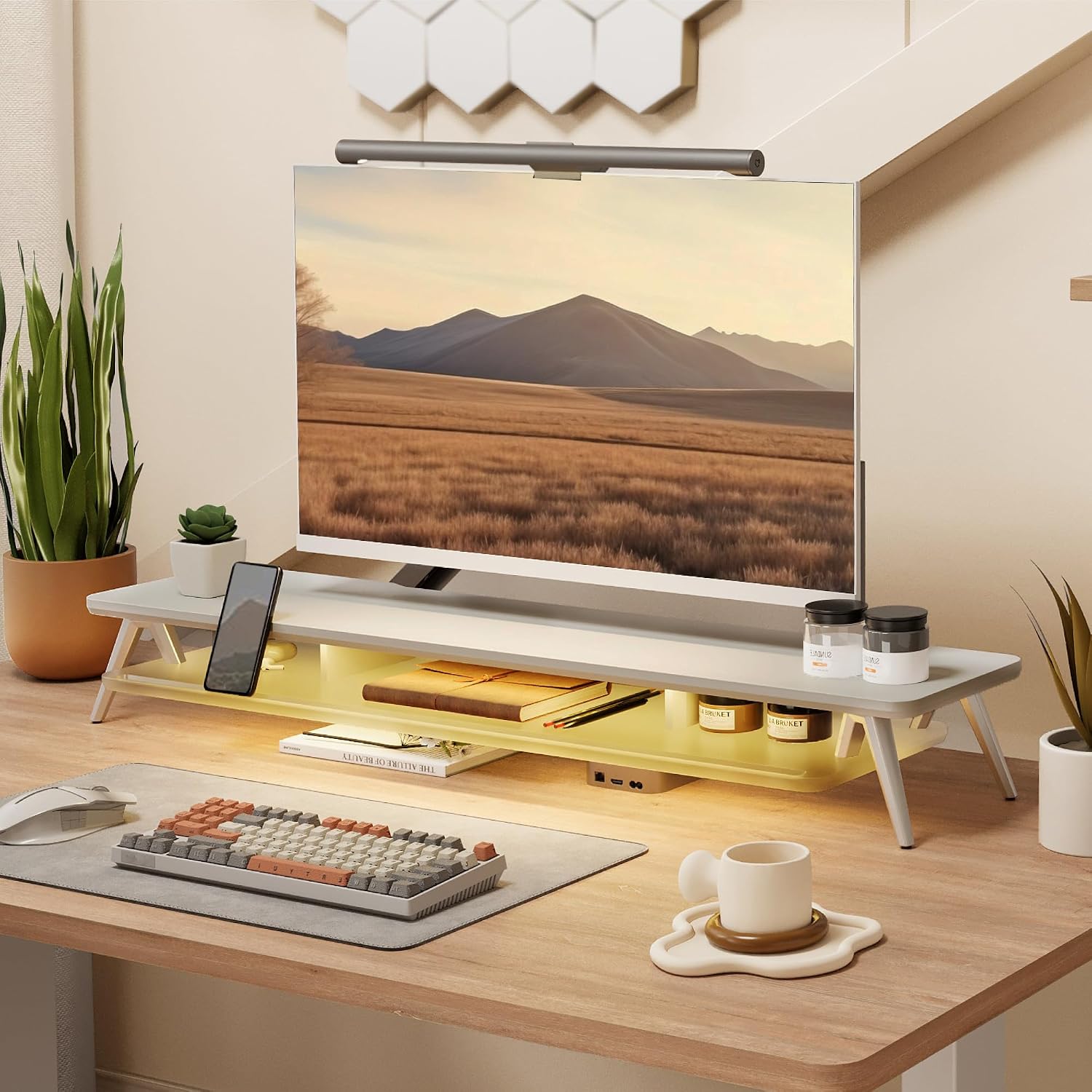 Fenge Dual Monitor Stand, 2 Tiers Acrylic Monitor Riser with LED Lights, 42.5 Inch Wood and Aluminum Desk Shelf with Phone and Tablet Holder