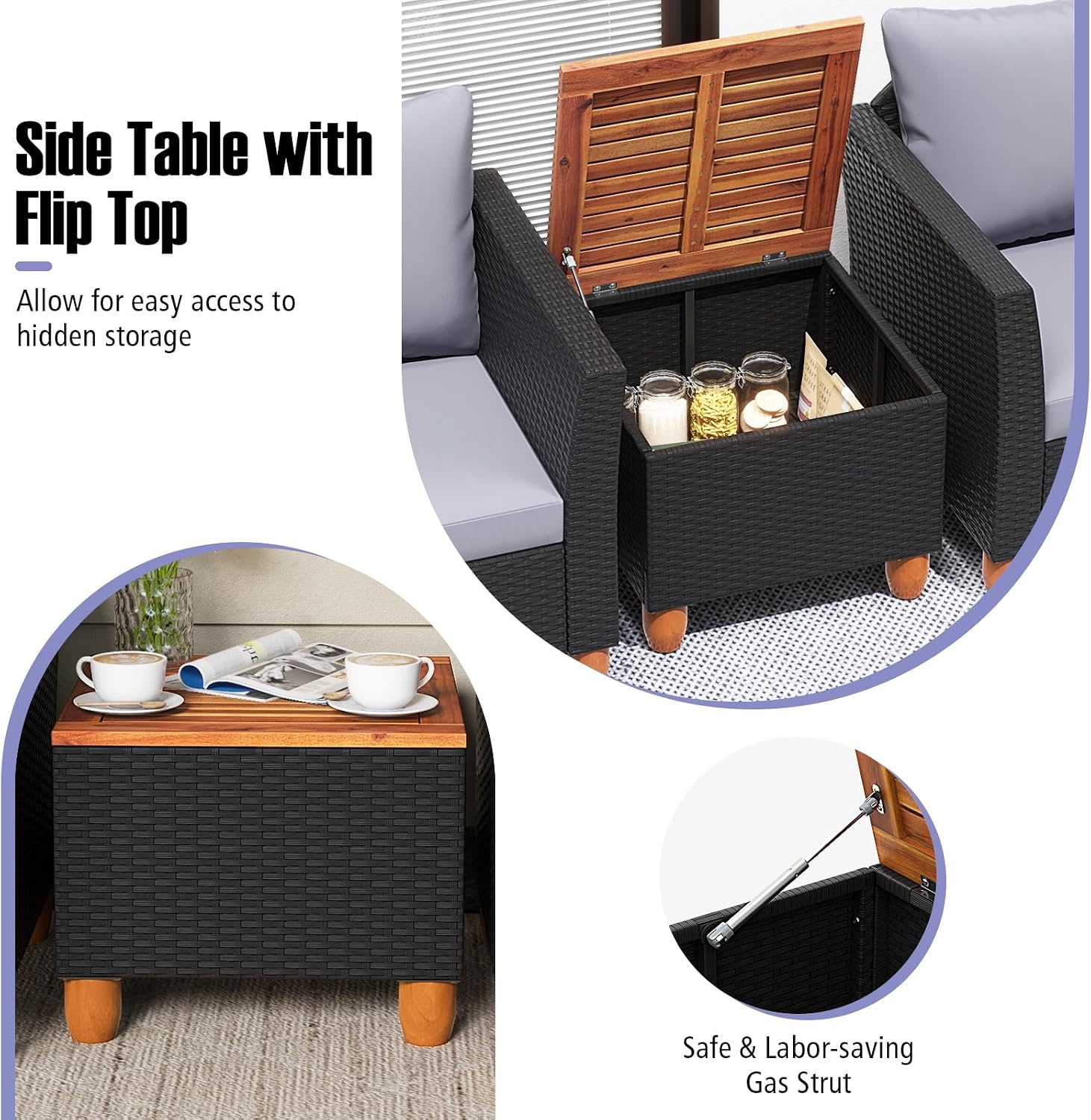 COSTWAY 3 Pieces Patio Rattan Furniture Set, Outdoor Wicker Conversation Chairs Set with Acacia Wood Coffee Table & Washable Cushion, Porch Furniture Bistro Set for Balcony, Garden, Backyard, Grey