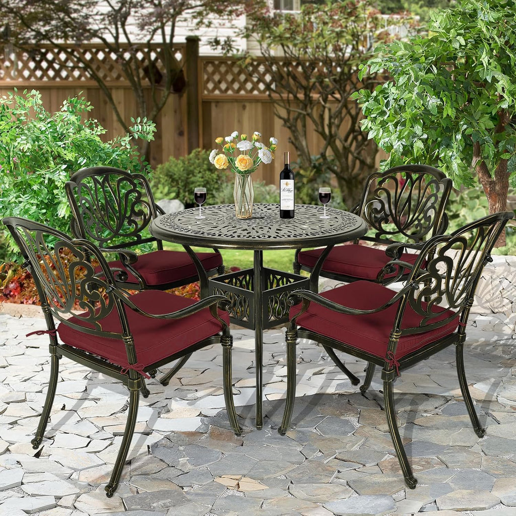 5-Piece Outdoor Patio Dining Set, All-Weather Cast Aluminum Patio Furniture Set for Backyard Garden Deck with 4 Chairs, 4 Cushions and 35.4' Round Table, 2' Umbrella Hole, Red