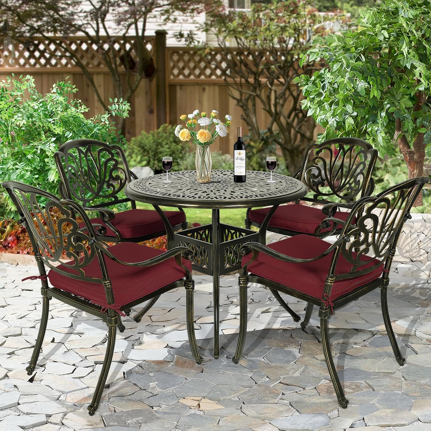 5-Piece Outdoor Patio Dining Set, All-Weather Cast Aluminum Patio Furniture Set for Backyard Garden Deck with 4 Chairs, 4 Cushions and 35.4' Round Table, 2' Umbrella Hole, Red