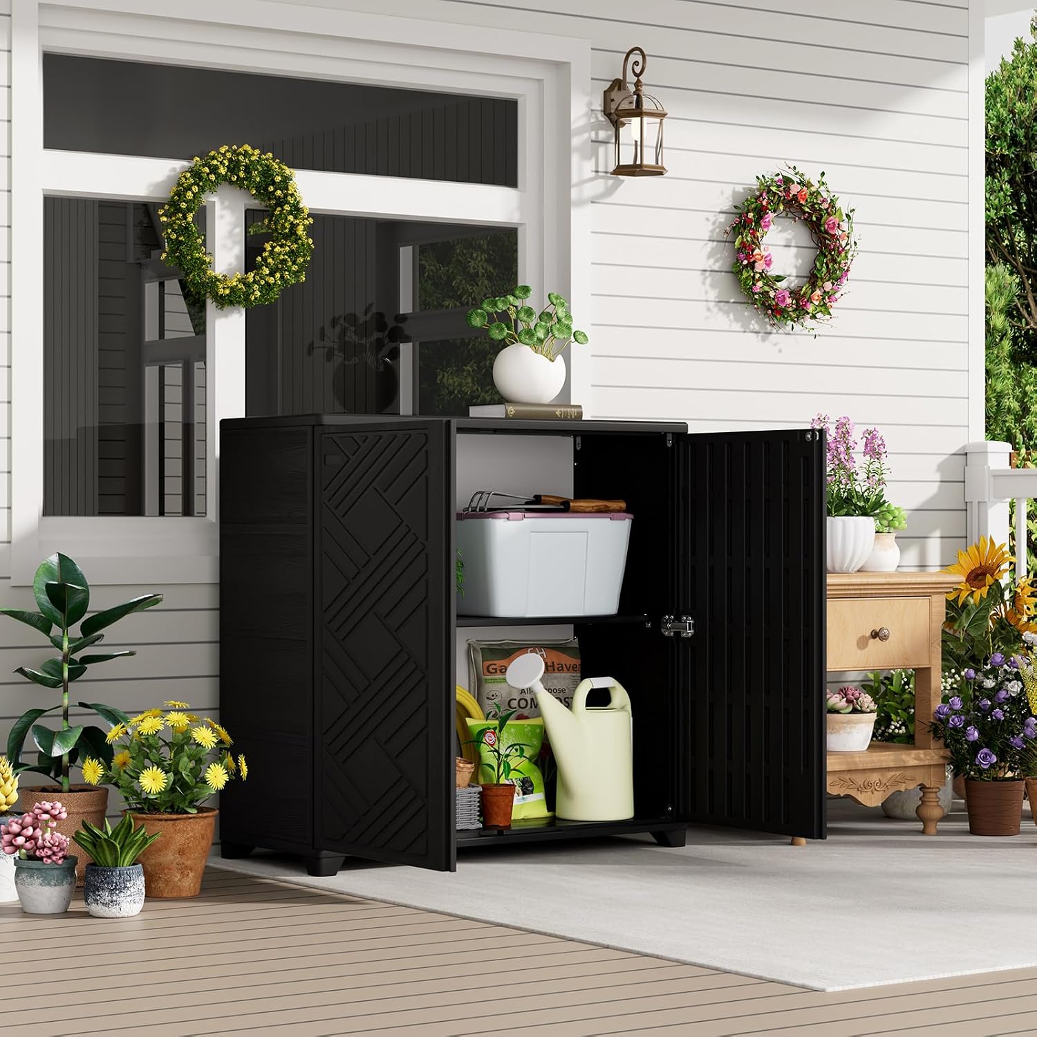 HOMSPARK Indoor/Outdoor Storage Cabinet with Doors and 1 Shelf, 34'x15'x34' HDPE Plastic Storage Box for Bedroom, Bathroom, Living Room, Balcony, Multi-Purpose for Daily Tools, Black