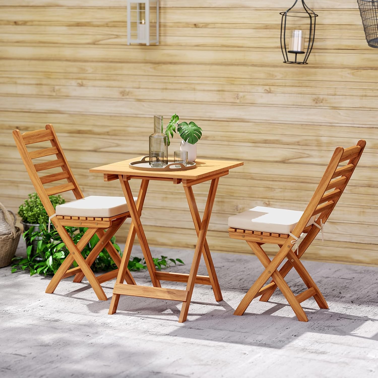 HAPPYGRILL 3-Piece Folding Bistro Set Acacia Wood Patio Furniture Set with Seat Cushions, Outdoor Square Table and Chairs Set of 2 for Backyard, Balcony, Porch, Garden (Back Style A)