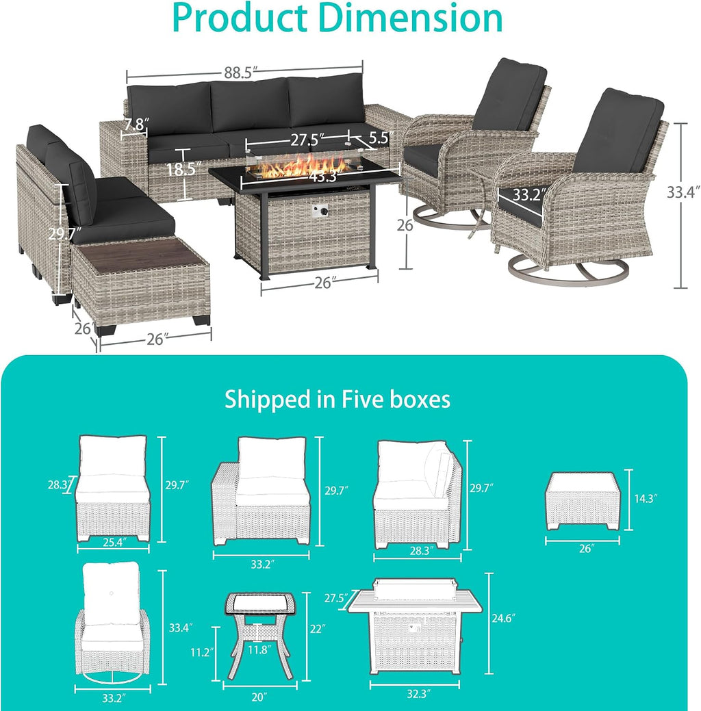 10-Piece Outdoor Patio Furniture Set with Rocking Swivel Chair, PE Wicker Rattan Sectional Sofa Patio Conversation Set with 55,000 BTU Fire Pit Table & Coffee Table, Dark Grey