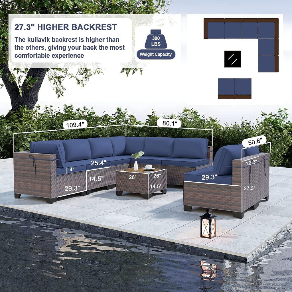 Kullavik 9 Pieces Outdoor Patio Furniture Set,Outdoor Sectional Rattan Sofa Set Brown PE Rattan Wicker Patio Conversation Set with Tempered Glass Coffee Table and Washable Cushions Covers,Navy Blue