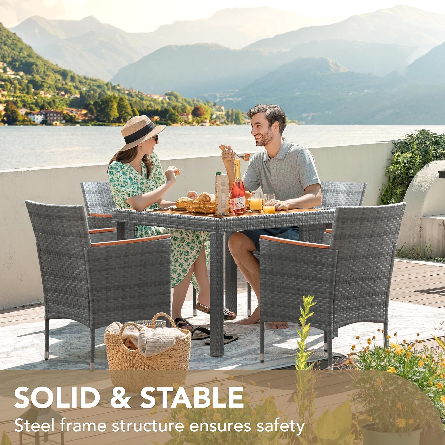 Devoko 5 PCS Furniture, Patio Conversation Set with Acacia Wood Top, Rattan Outdoor Dining Table and Chairs for Backyard, Garden, Deck, Grey