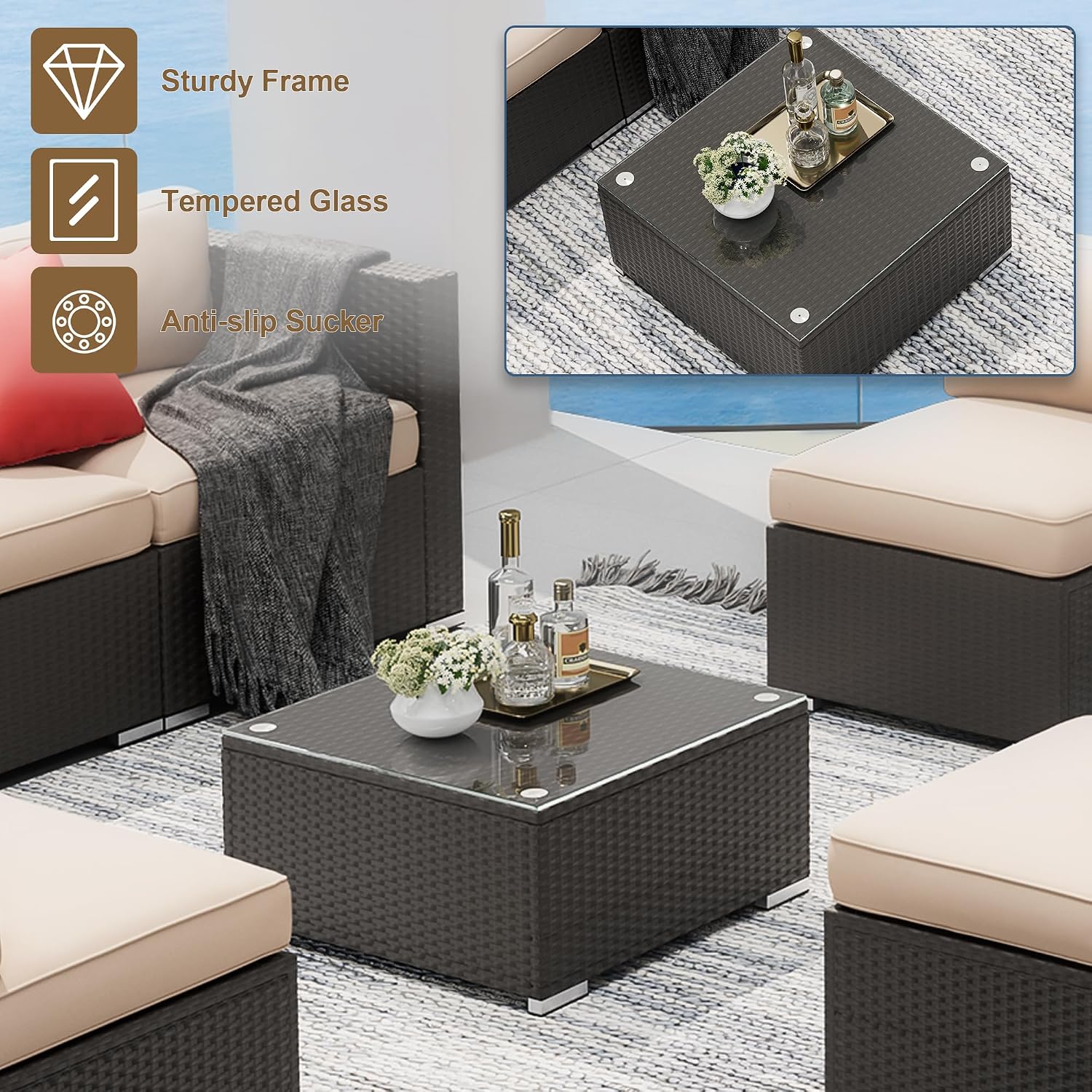SUNCROWN 7-Piece Outdoor Patio Furniture Sofa Set All-Weather Black Wicker Sectional Conversation Set with Modern Glass Coffee Table and Cushions, Backyard, Garden, Poolside, Brown