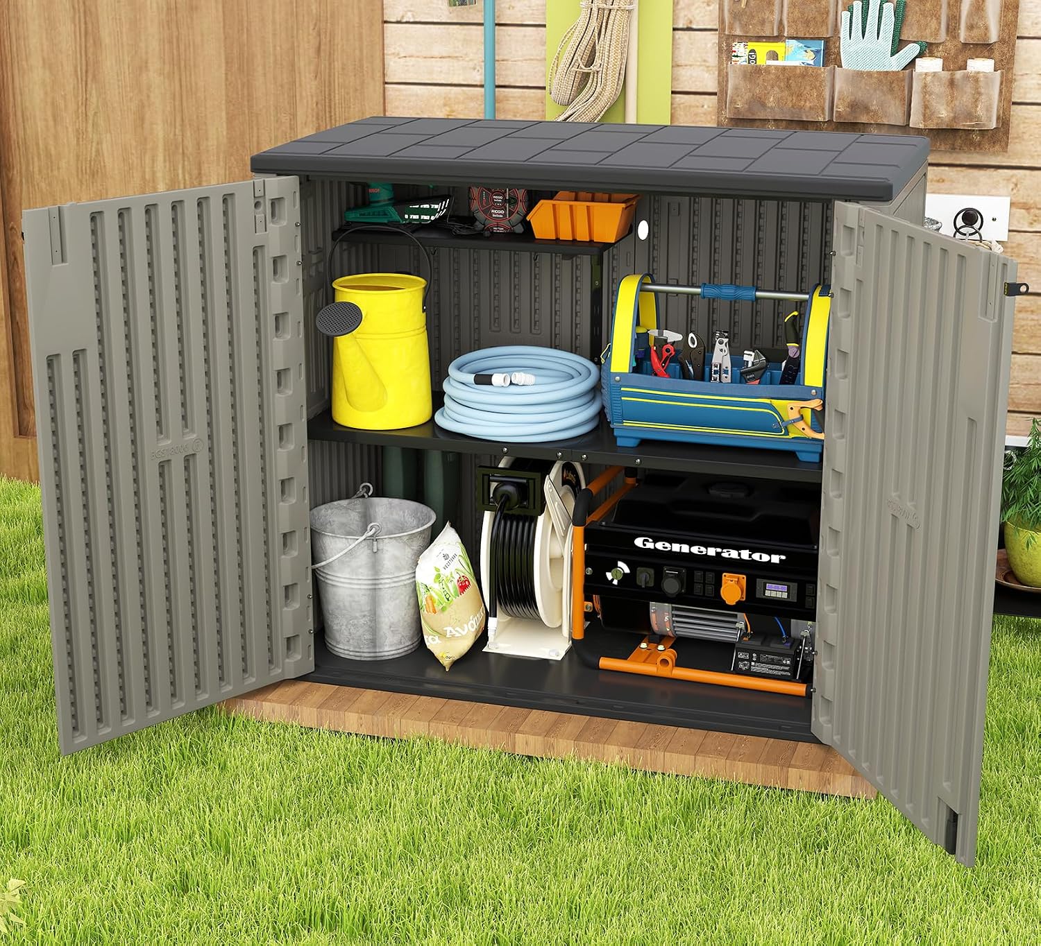 HOMSPARK Outdoor Storage Shed 37 Cu.Ft, All-Weather Resistant Resin Garden Sheds & Outdoor Storage Clearance with Floor, Double-Layer Plastic Tool Sheds for Patio, Garden & Lawn (Shallow Brown)