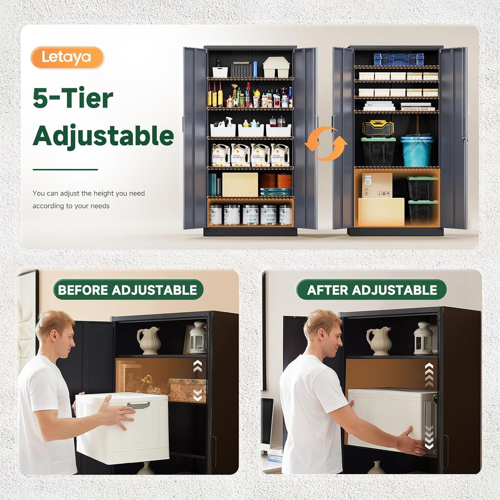 Letaya Metal Storage Cabinets with Lock Door and 5 Adjustable Shelves, Steel Garage Tool Organization Cabinets for Home,Utility Room, Warehouse,Lockers(71'-Black Gray) | Lock Door, 5 Adjustable Shelves, Garage, Lockers
