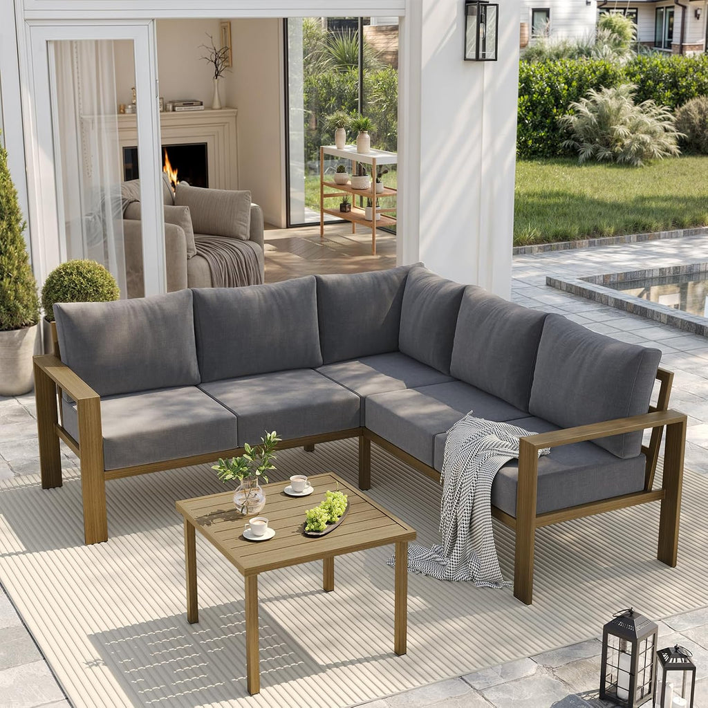 UDPATIO 6 Piece Patio Furniture Set, Faux Wood Metal Outdoor Sectional Sofa with 6' Thick Olefin Cushions, Wide Armrest & Coffee Table, L Shaped Outdoor Furniture for Garden, Backyard Dark Grey