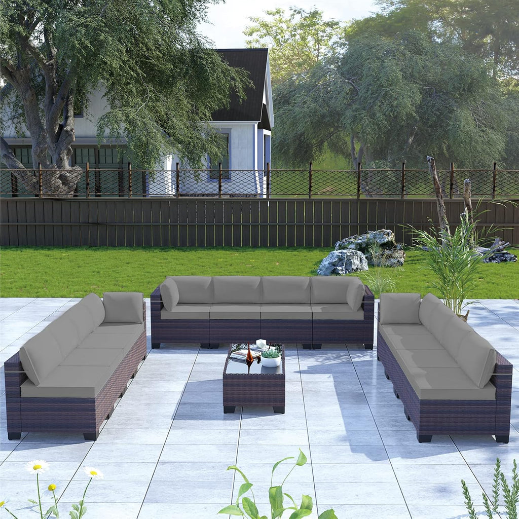 Kullavik 14 Pieces Outdoor Patio Furniture Set,Sectional Rattan Sofa Set Brown PE Rattan Wicker Patio Conversation Set with Tempered Glass Coffee Tables and Washable Cushions Covers,Grey