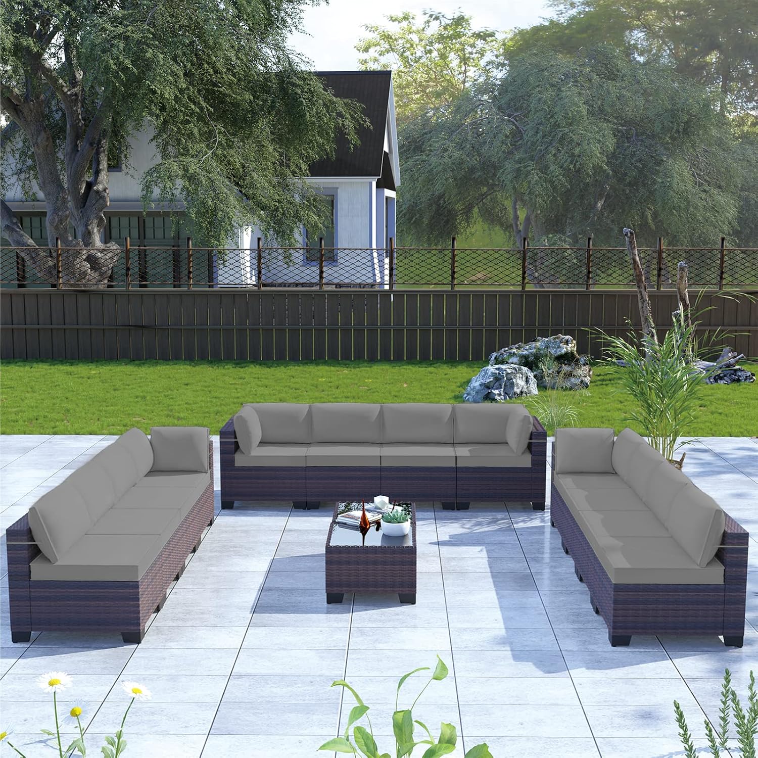 Kullavik 14 Pieces Outdoor Patio Furniture Set,Sectional Rattan Sofa Set Brown PE Rattan Wicker Patio Conversation Set with Tempered Glass Coffee Tables and Washable Cushions Covers,Grey