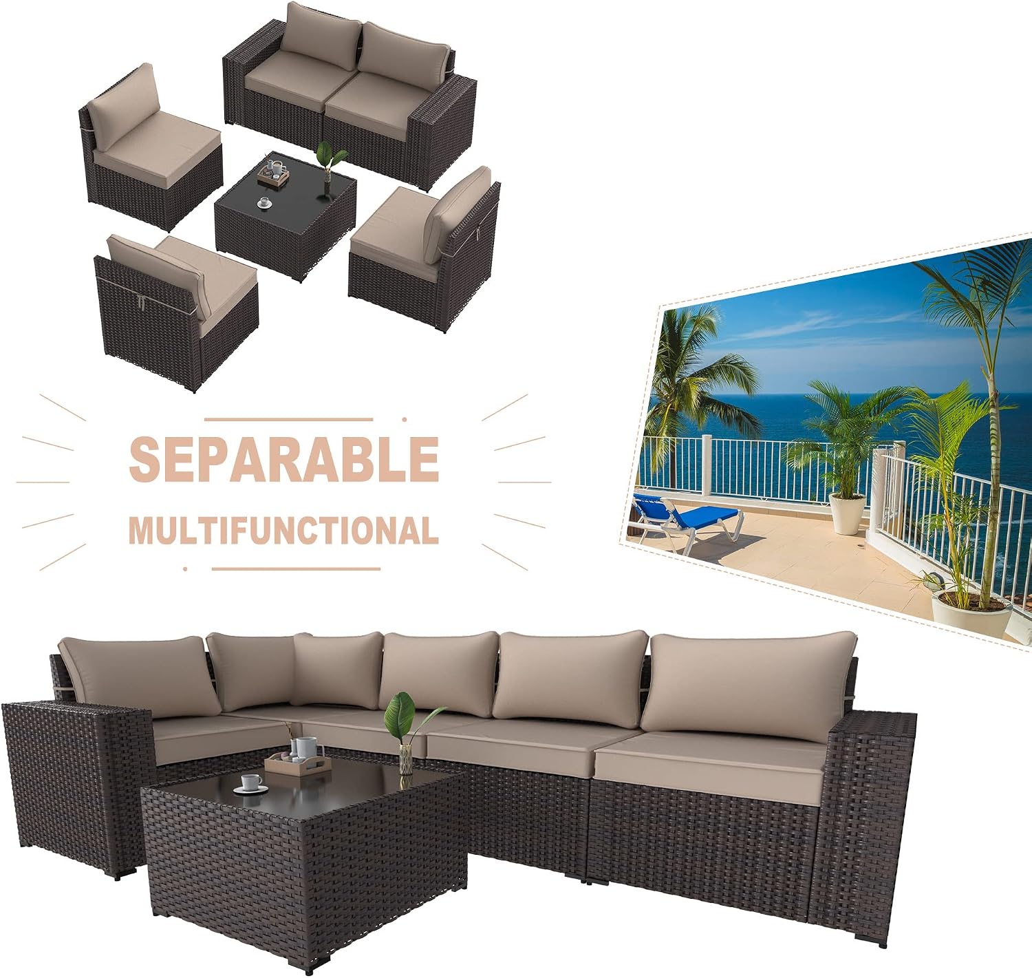 Kullavik Outdoor Patio Furniture Set 6 Pieces Sectional Rattan Sofa Set Brown PE Rattan Wicker Patio Conversation Set with 5 Seat Cushions and 1 Tempered Glass Table,Sand