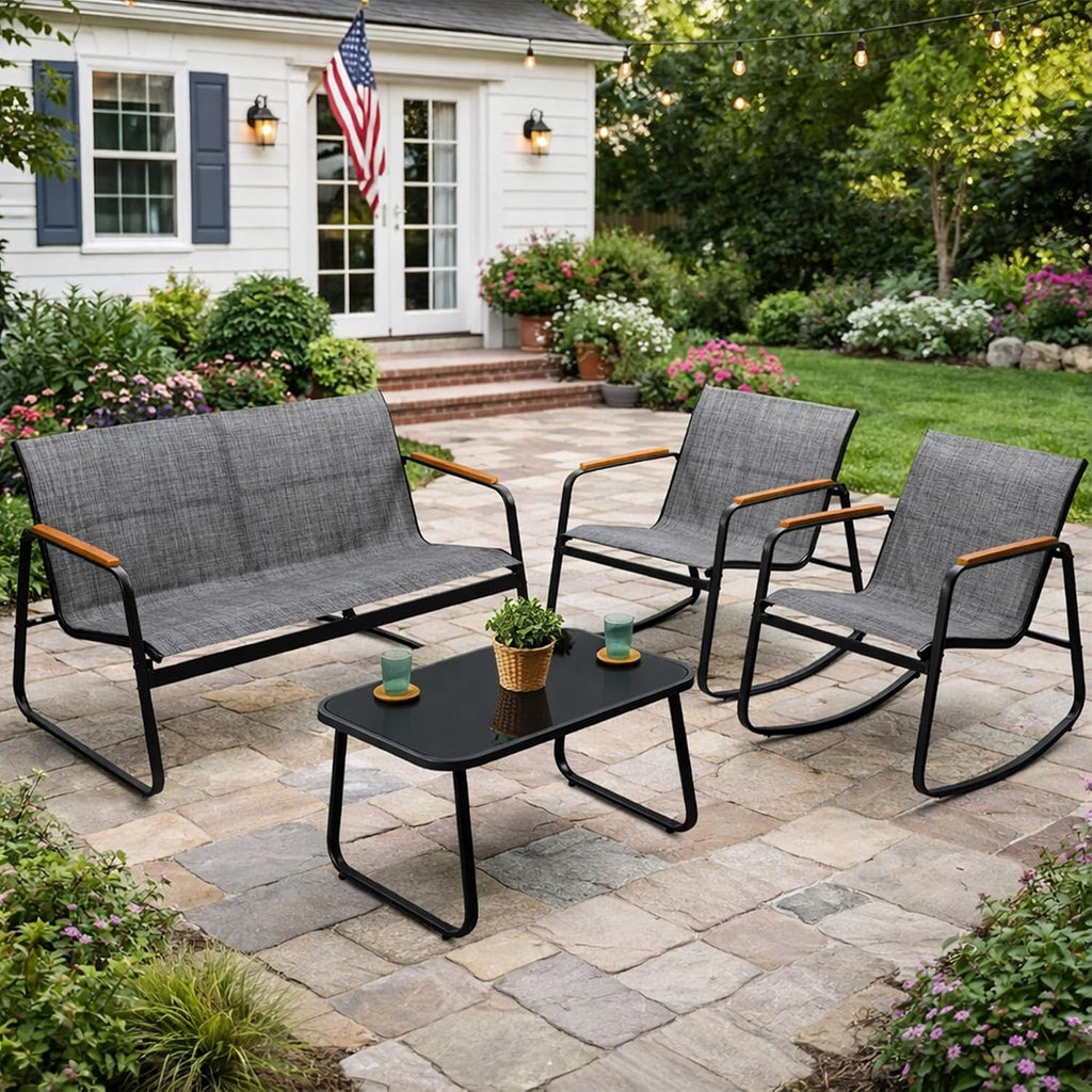 Kozyard 4-Piece Outdoor Patio Furniture Set with Textilene Chairs, Metal Conversation Set, Tempered Glass Coffee Table, Powder-Coated Steel Frame for Garden, Poolside, Backyard Gray