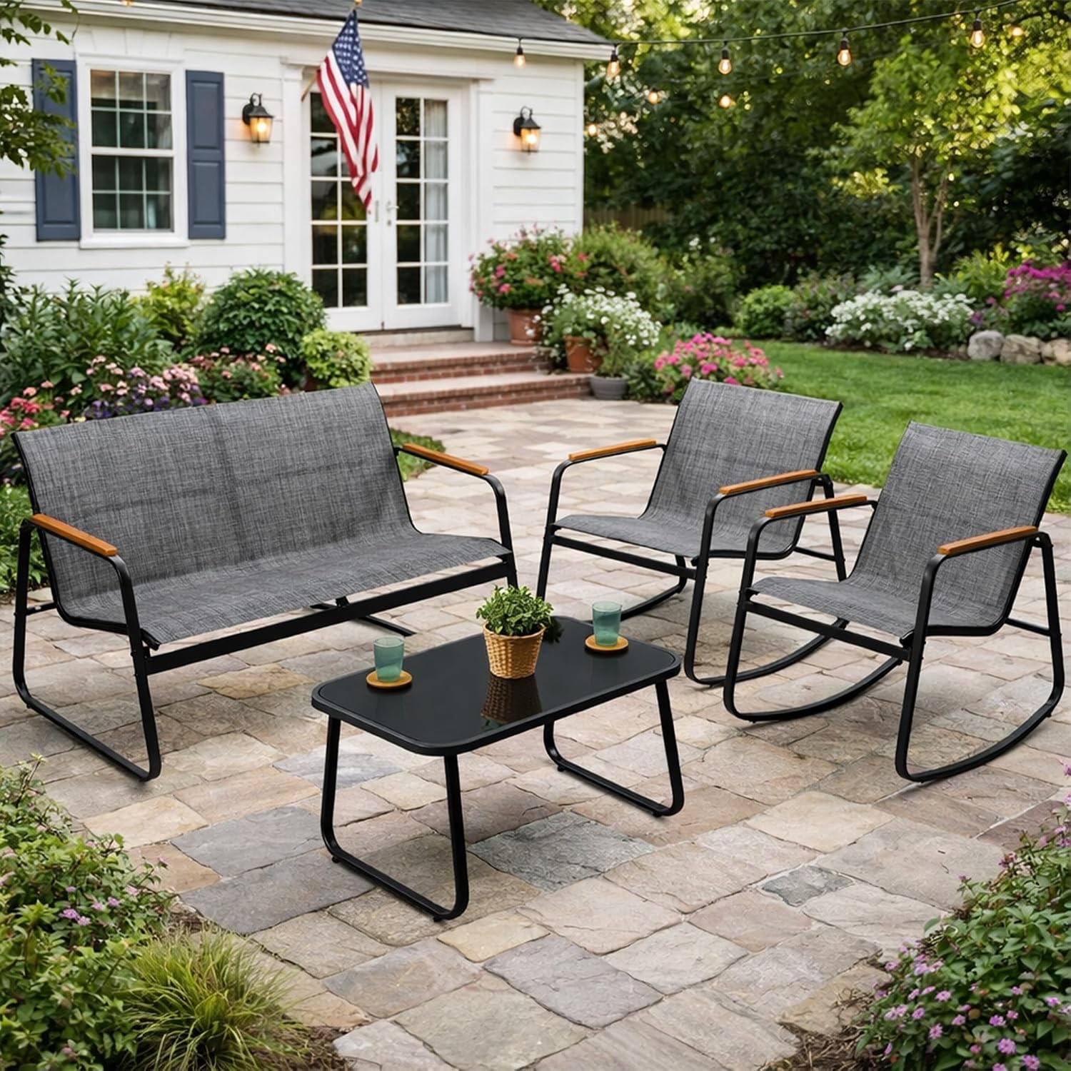 Kozyard 4-Piece Outdoor Patio Furniture Set with Textilene Chairs, Metal Conversation Set, Tempered Glass Coffee Table, Powder-Coated Steel Frame for Garden, Poolside, Backyard Gray