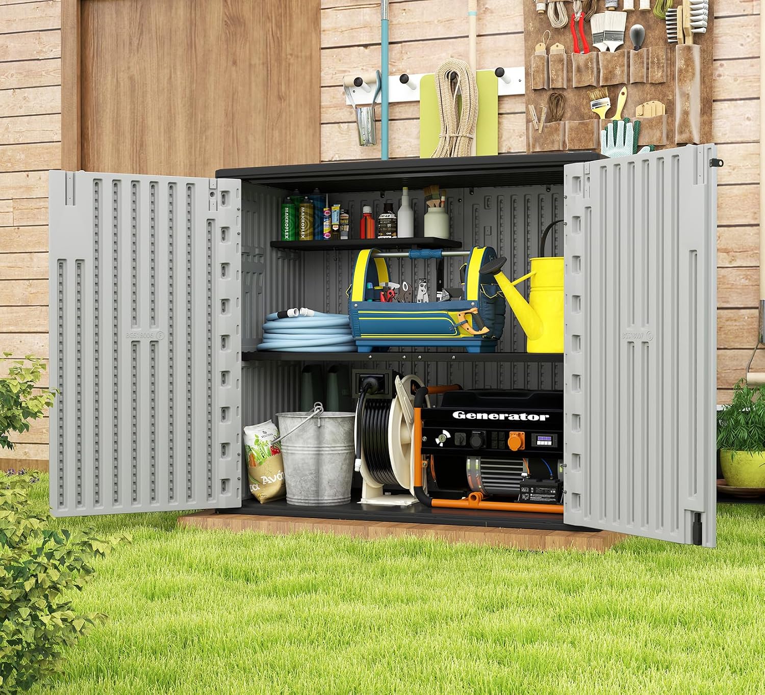 HOMSPARK Outdoor Storage Shed 37 Cu.Ft, All-Weather Resistant Resin Garden Sheds & Outdoor Storage Clearance with Floor, Double-Layer Plastic Tool Sheds for Patio, Garden & Lawn (Light Gray)