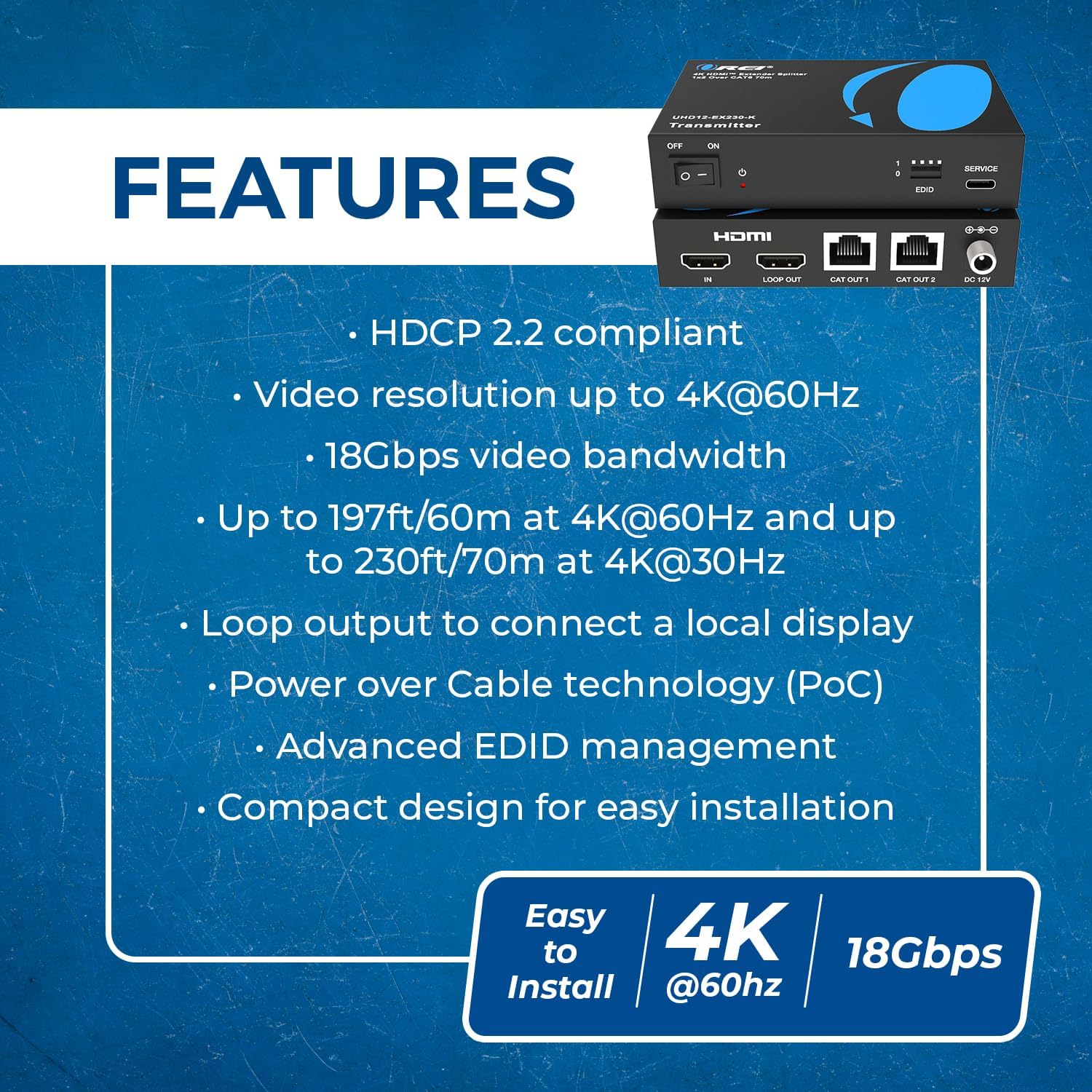 OREI 1×2 HDMI Extender Splitter Over Ethernet – 4K@60Hz 4:4:4 HDCP 2.2 – Single HDMI CAT6/7 Cable up to 230 ft – EDID Management, IR Control, Loop-Out & Low Latency