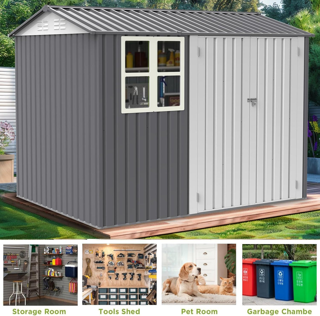 Ball & Cast 6x8 FT Storage Shed, Garden Metal Shed with Window and Sloping Roof,Outdoor Shed with Double Lockable Doors for Backyard Patio Lawn, Grey