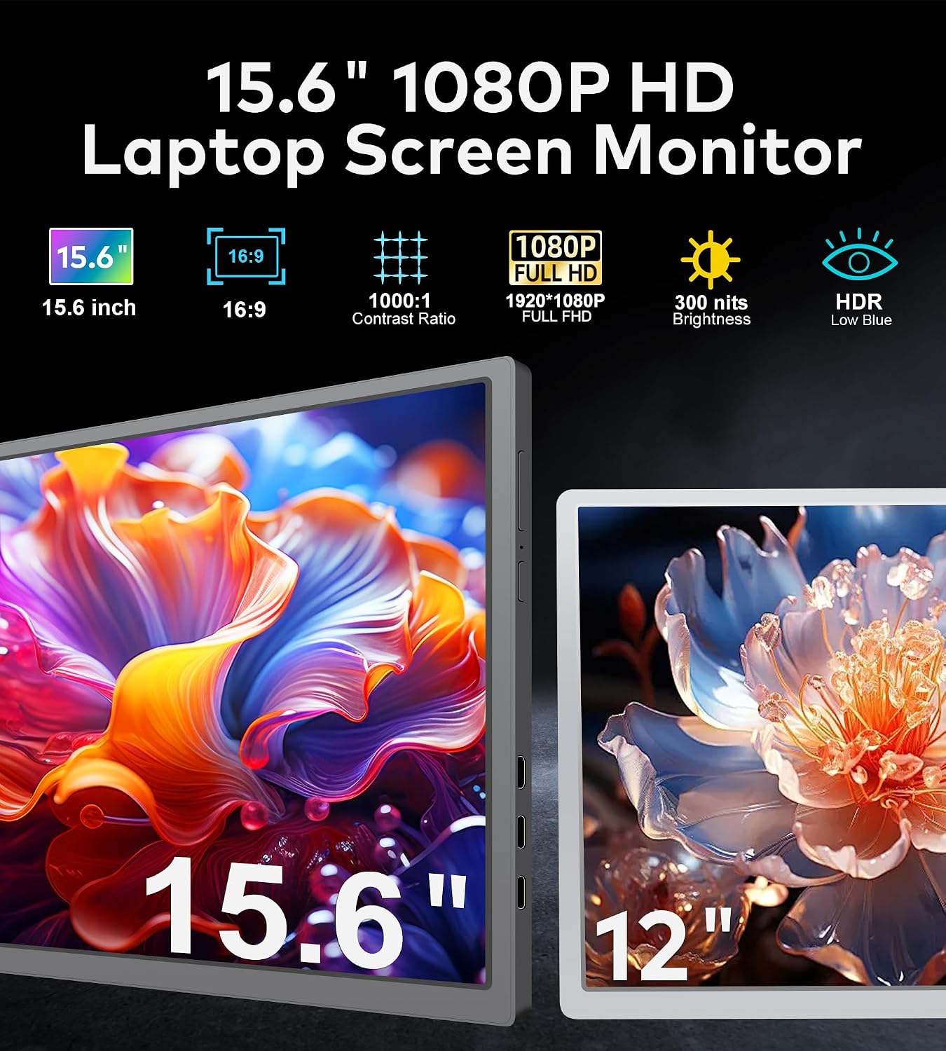 15.6' Triple Portable Laptop Monitor, FHD 1080P IPS Screen Extender Portable Display for 15.6-17.3' Laptops, PnP Travel Laptop Screen Extender with USB-C&HDMI, Dual Monitor for Windows, Mac