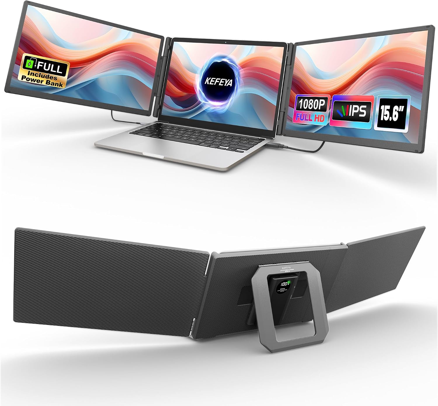 KEFEYA 15.6' Laptop Screen Extender, Includes Power Bank, FHD 1080P IPS Triple Laptop Monitor Extender for 13-17' Laptops, Plug & Play with HDMI/USB-A/TYPE-C/Hub, Compatible with Windows, Mac, Android