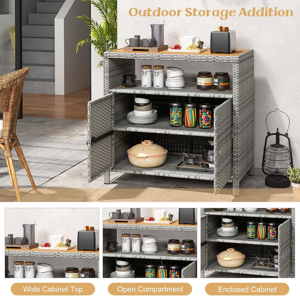 Tangkula Rattan Outdoor Storage Cabinet, Patiojoy Outdoor Cabinet with Acacia Wood Countertop, Open Compartment, 2-Door Wicker Sideboard, Outdoor Bar for Patio Garden Backyard Poolside (Mix Grey)