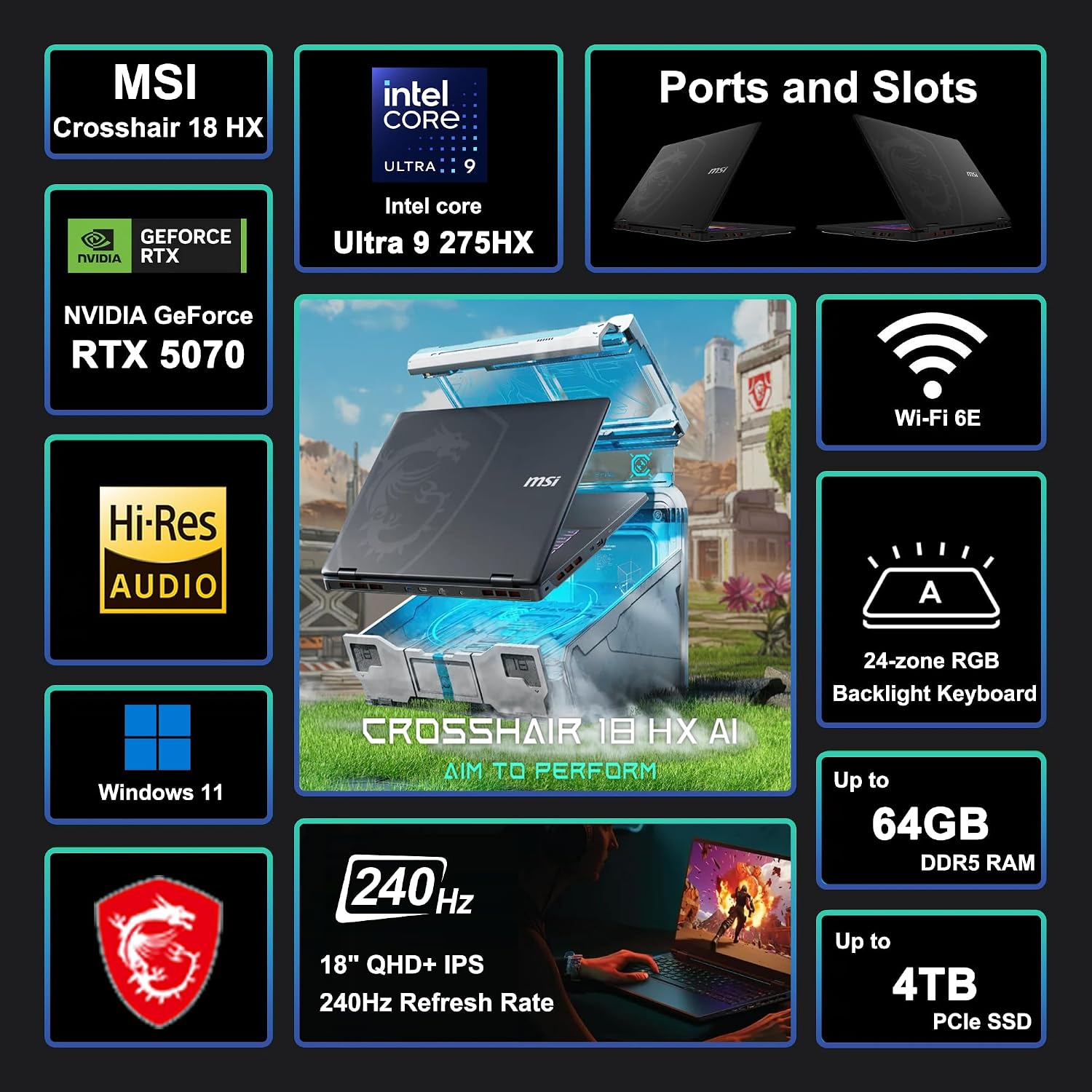 msi Crosshair 18 HX AI Gaming Laptop 18' QHD+ IPS 240Hz Intel 24-core Ultra 9 275HX (>i9-14900HX) 64GB DDR5 4TB SSD GeForce RTX 5070 (Up to 798 AI Tops) RGB Backlit Thunderbolt Win11 ICP Hub