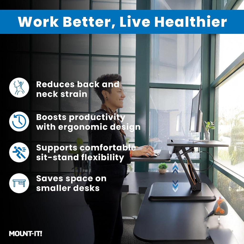 Mount-It! Standing Desk Converter, Compact 25' Sit Stand Desk Riser with Gas Spring Lift, Adjustable Height Desktop Riser for Laptop, Monitor, and Keyboard, Small Home Office Desk Converter