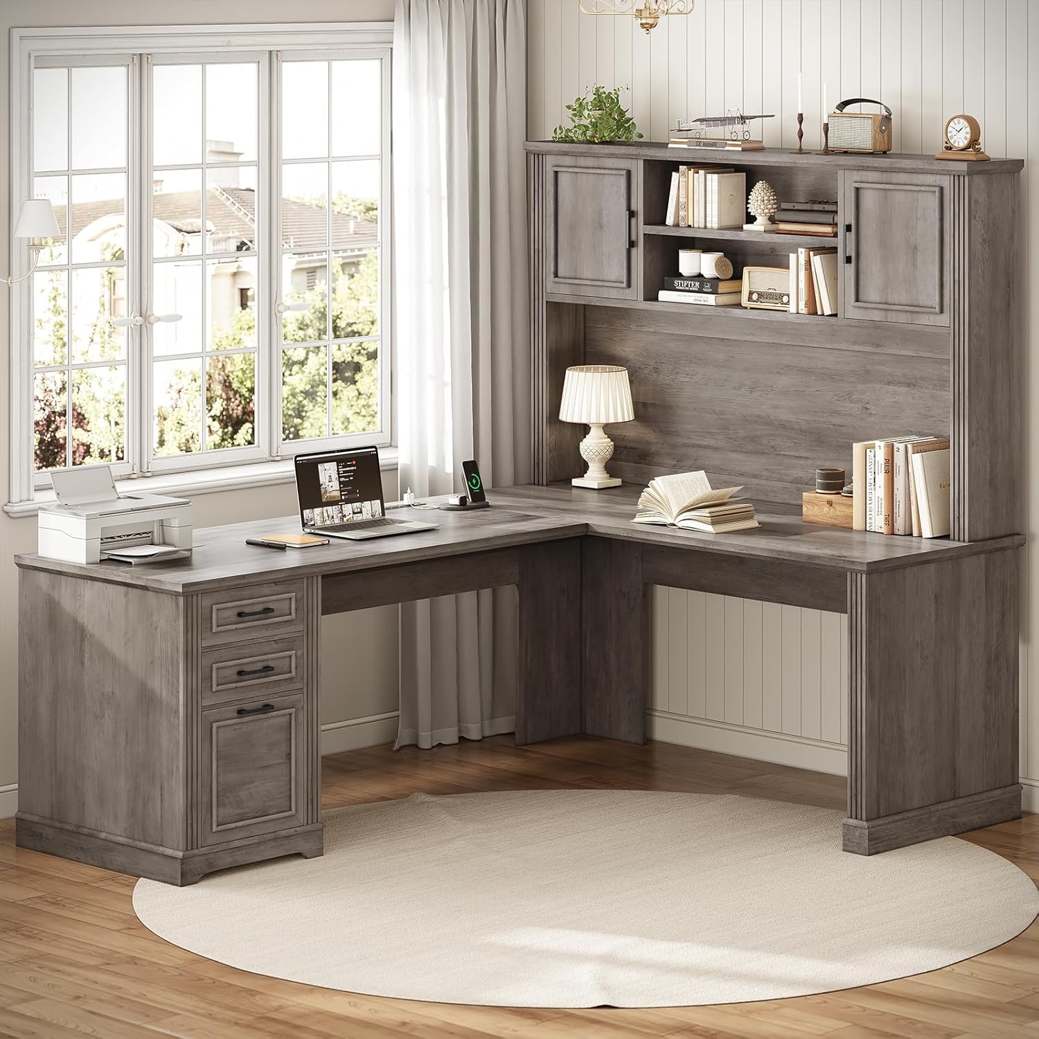 SEDETA Farmhouse L Shaped Desk with Hutch and 3 Drawers, 68.9' Executive Office Desk with File Drawer and Power Outlet, Corner Computer Desk with Storage Shelves for Home Office (Grey)