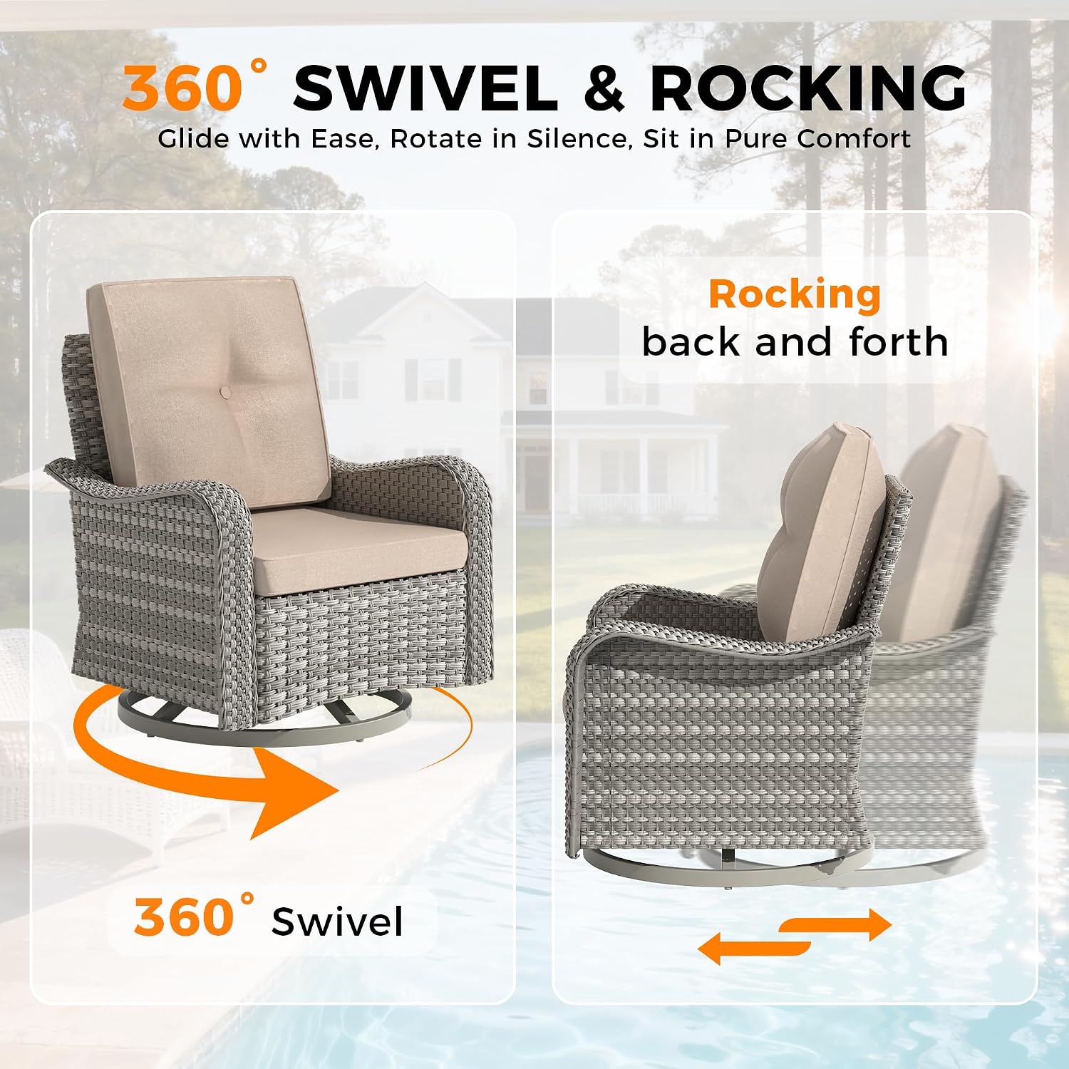 8-Seat Modern Patio Furniture Set with Swivel Rocking Chairs, Thick 4″ Cushions, Dual-Strand Wicker Rattan, Rust-Resistant Steel Frame – Outdoor Conversation & Modular Sectional,Beige